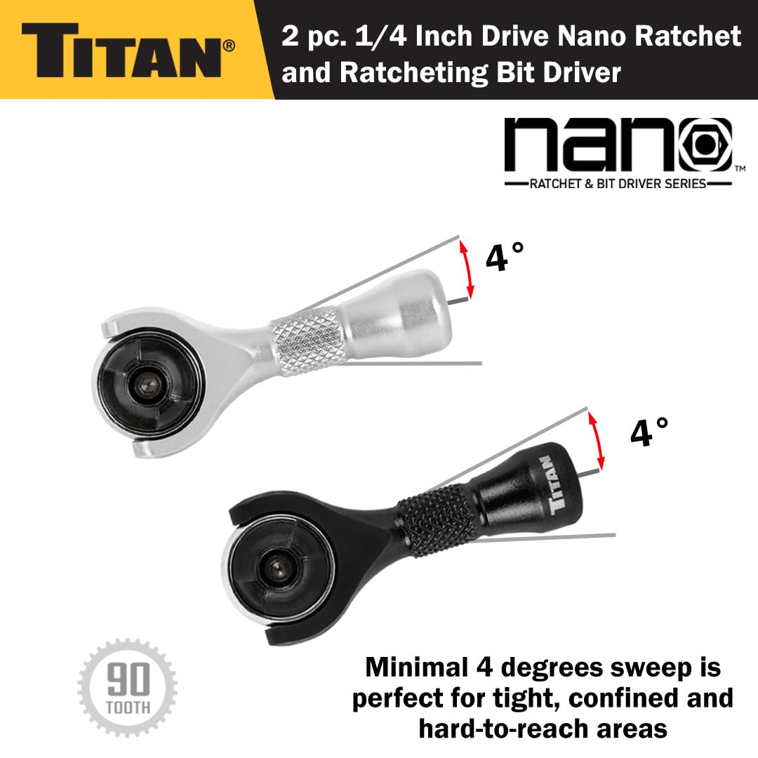 Titan 11332 2-Piece 1/4-Inch Drive x 2-1/4-Inch 90-Tooth Swivel Head Nano Ratchet and Ratcheting Bit Driver Set