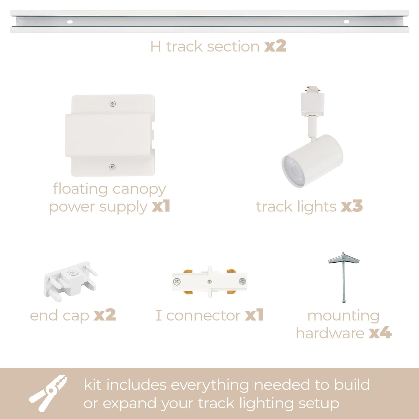 East Grove Amped 3-Light 48in LED Track Lighting Kit, 3000K Warm White, Field Cuttable, 4ft Track with Heads & End Caps, White