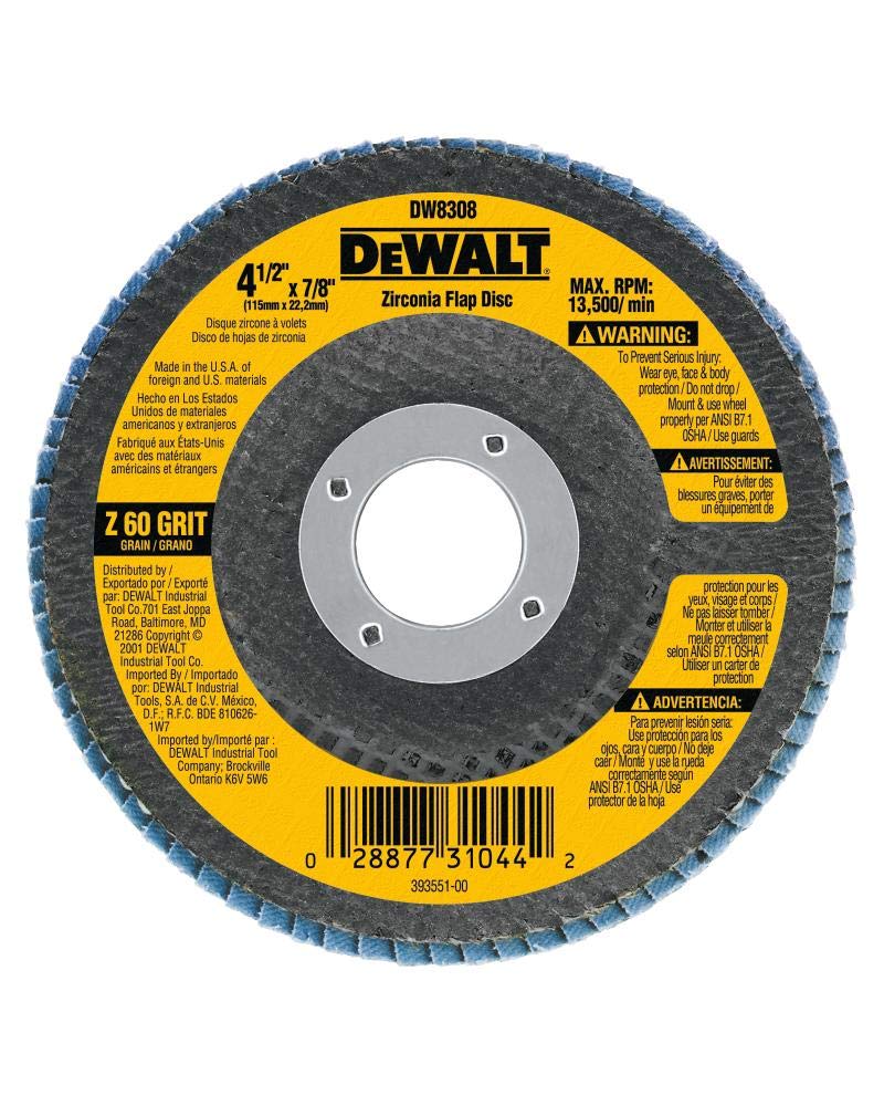 DEWALT Flap Disc, Zirconia, 4-1/2-Inches x 7/8-Inches, 60-Grit (DW8308)