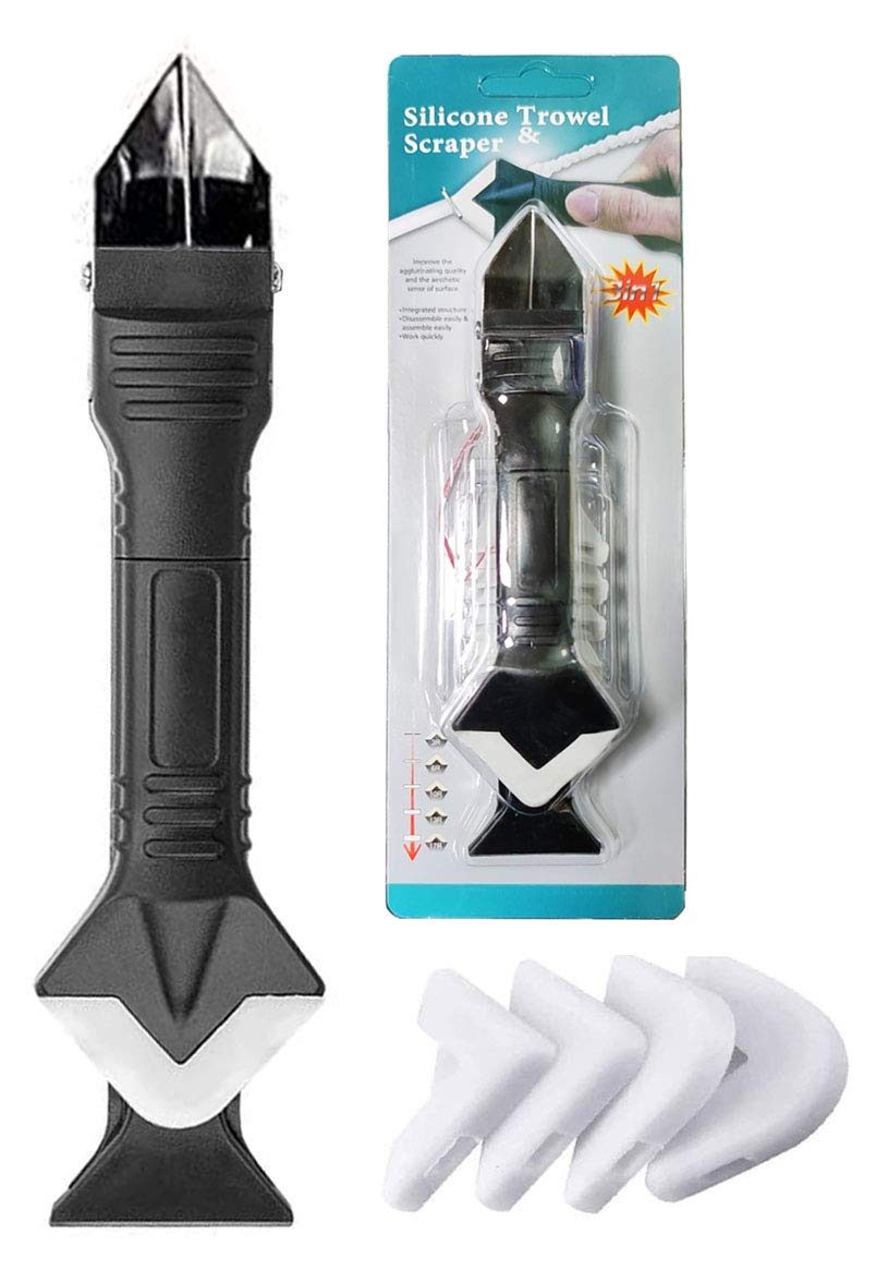 3-in-1 Silicone Caulking Tool Set, Stainless Steel Caulk Remover & Glass Glue Angle Scraper for Kitchen, Bathroom, Windows & Frames