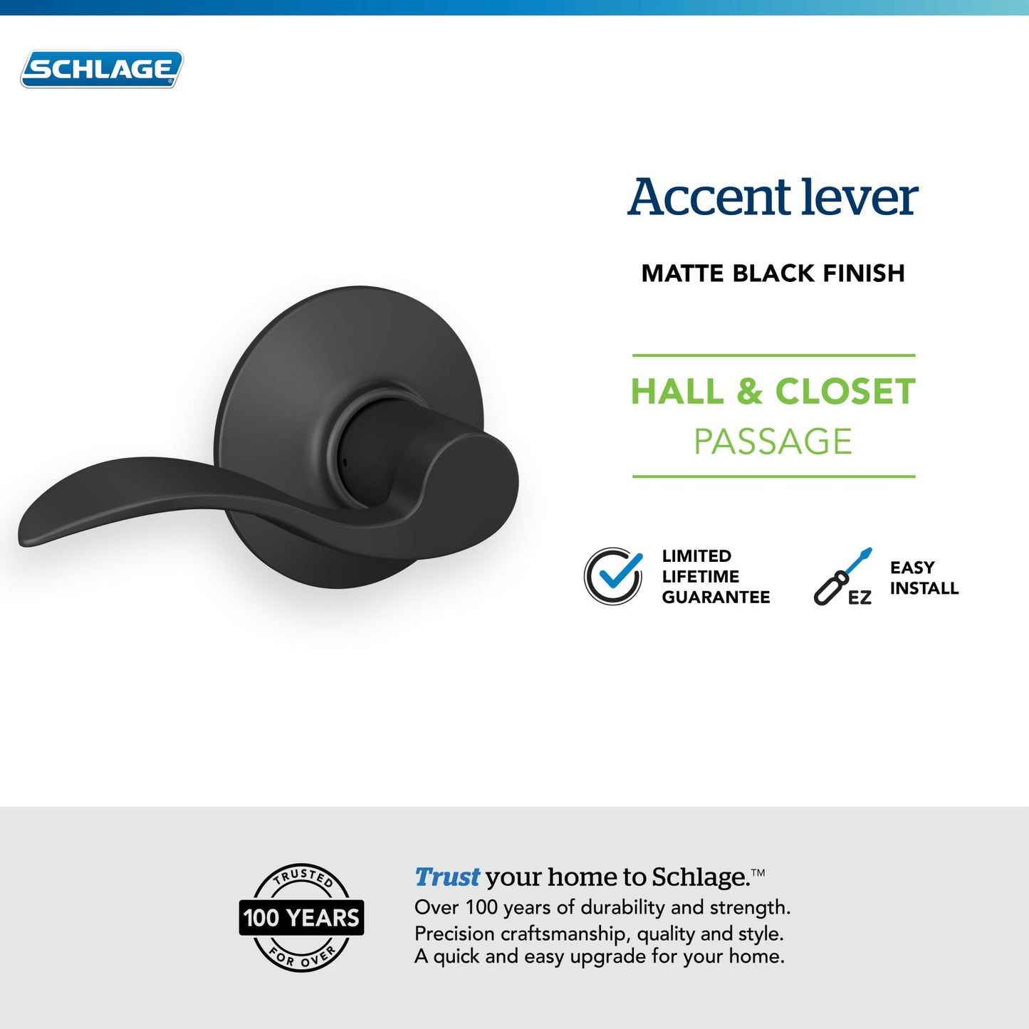 Schlage F10 ACC 622 Accent Door Lever, Hall & Closet Passage Lock, Matte Black