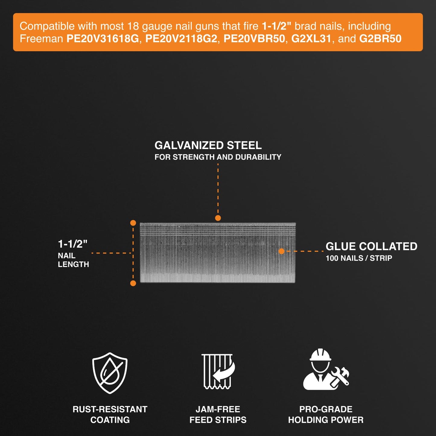 Freeman 18-Gauge 1-1/2" Glue Collated Galvanized Brad Nails – 1,000 Count – For Trim, Moulding, and Baseboards – Compatible with 18 GA Brad Nailers