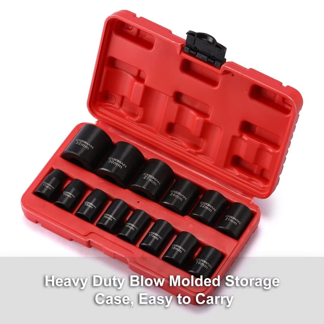 CASOMAN 14 Pieces 1/2-Inch Drive Shallow Impact Socket Set, Metric, 6-Point, 11mm to 32mm