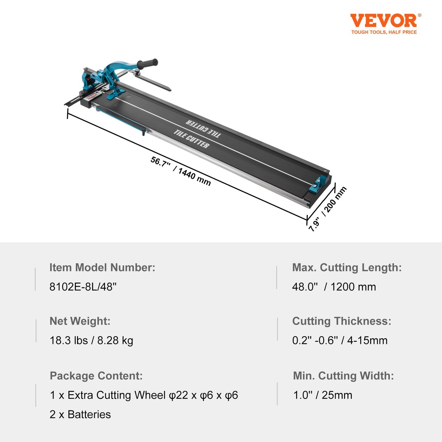 VEVOR 48 Inch Manual Tile Cutter for Porcelain & Ceramic, Tungsten Carbide Wheel, Infrared Guide, Anti-Skid Feet, Heavy-Duty Rails
