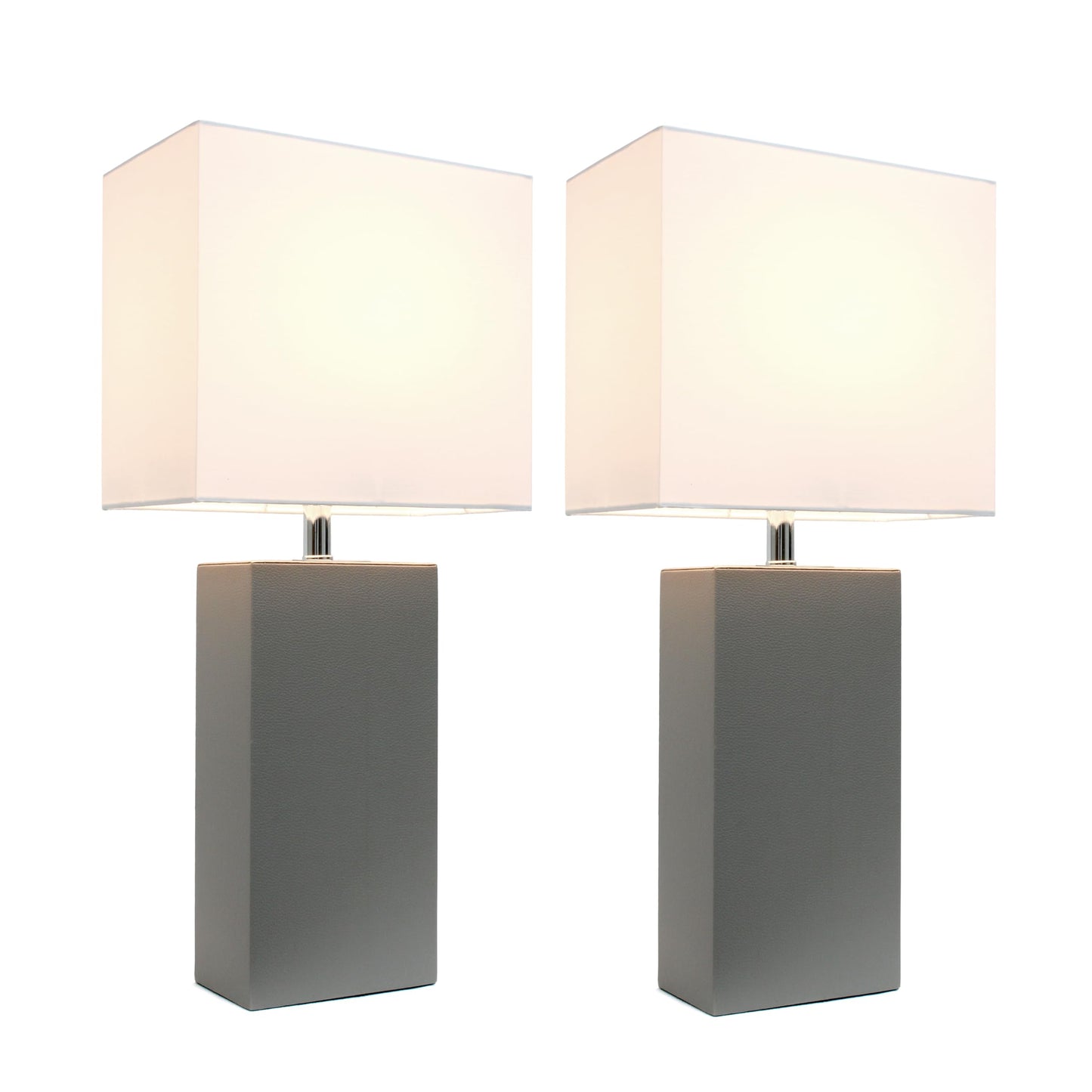 Elegant Designs LC2005-GRY-2PK 21" Luxe Leather Duo, Modern 2-Pack Table Lamps with Chic Shades, for Living Room, Bedroom, Office, Gray