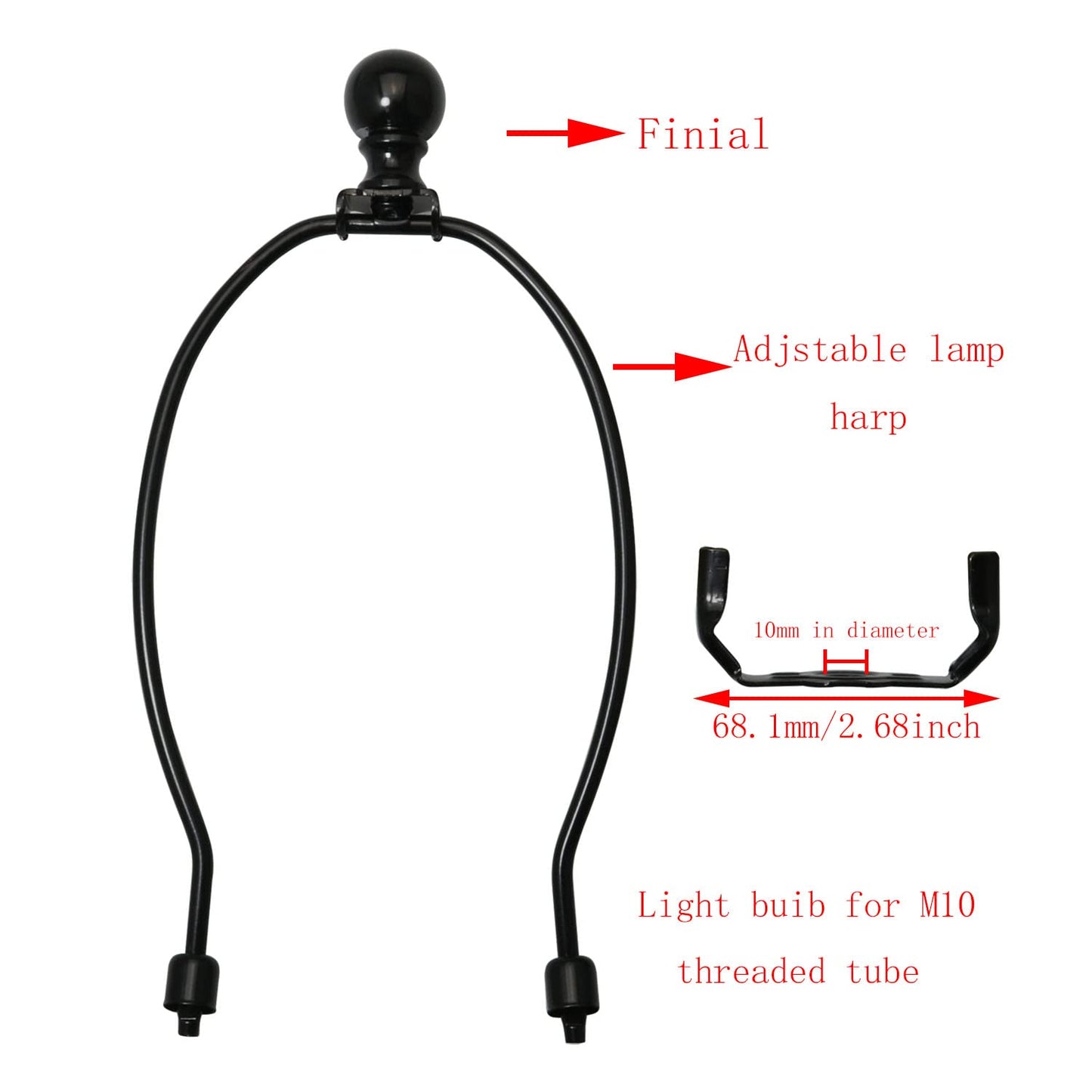 DGBRSM 7 Inch Lamp Harp Holder with 1-1/2 Inch Lamp Finial Oil Rubbed Black Steel Ball Knob Lamp Shade Finial for Table and Floor Lamps, Black