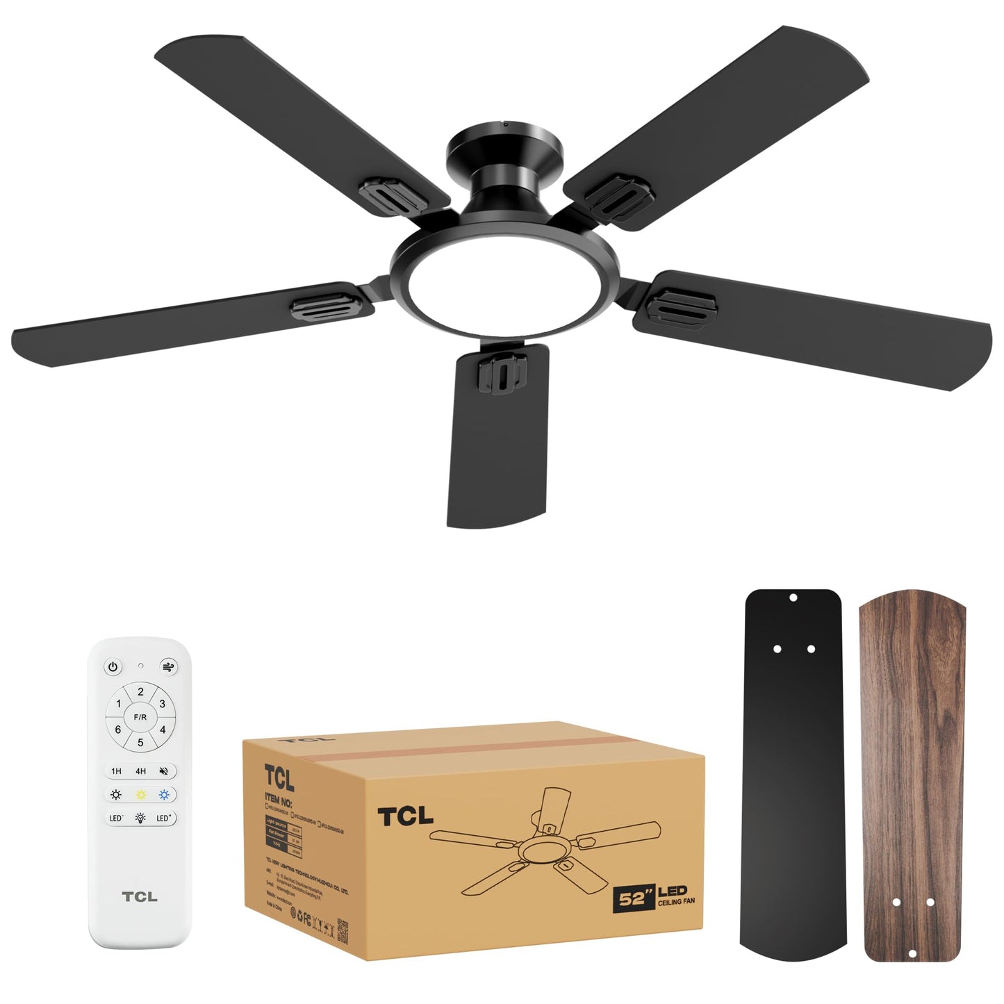 TCL 52" Low Profile Ceiling Fan with Light, Matte Black Flush Mount, Quiet DC Reversible Motor, 6-Speed Remote, Dimmable 3CCT LED