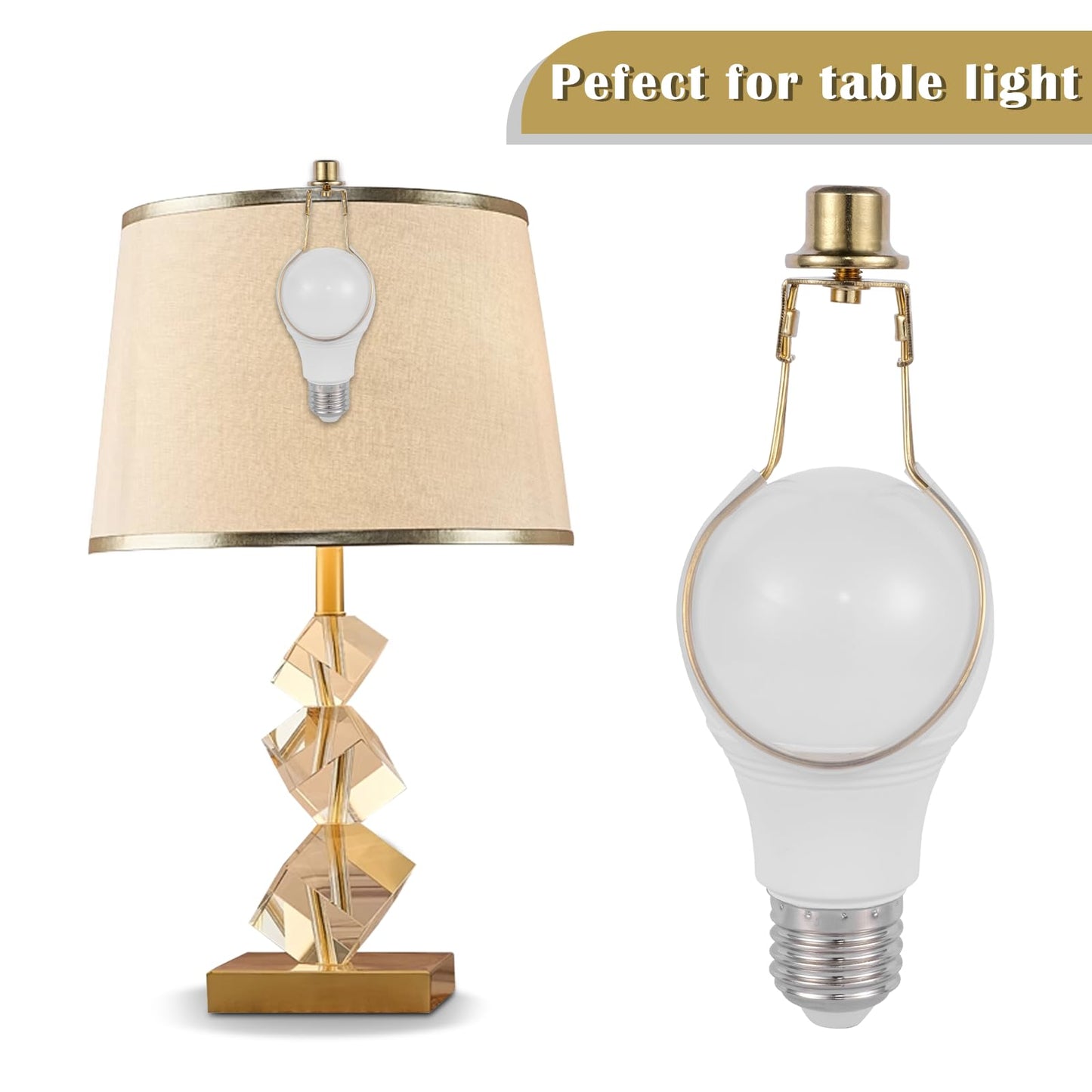 Lamp Shade Holder Clip Adapter for Light Bulb, Clip-On Lampshade Adapter with Finial & Levellers, Spring Clip, Gold