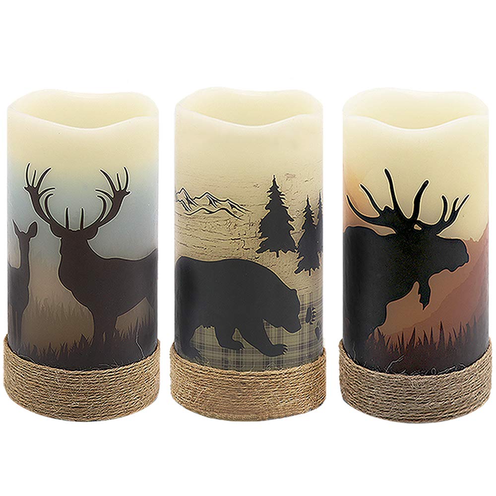 GenSwin Set of 3 Flameless LED Rustic Pillar Candles with Deer, Moose & Bear Decals, 6H Timer, Hemp Rope, Battery Operated, Warm Light