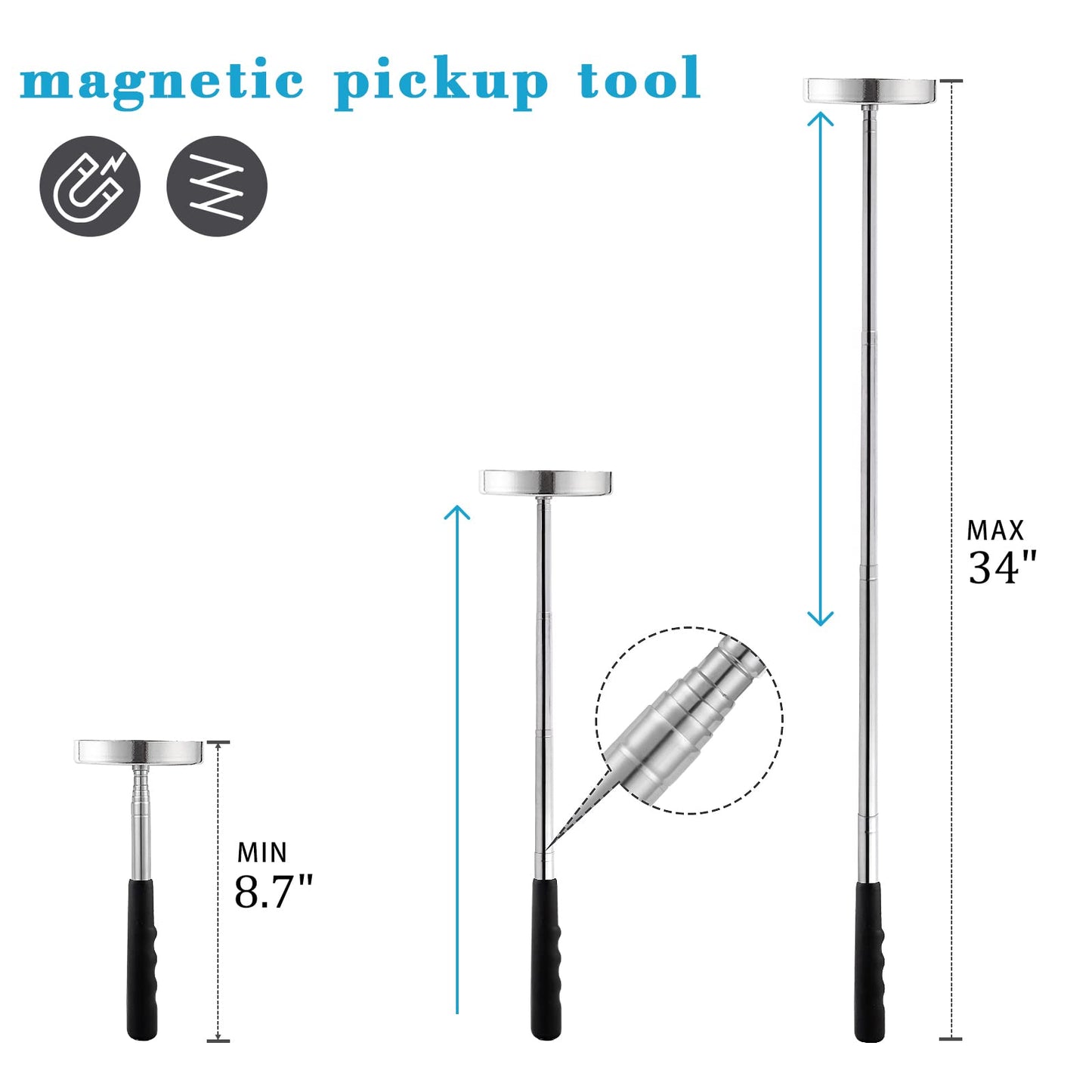 Rechabite Telescoping Magnetic Sweeper Pickup Tool, 35LB Pull Capacity, Retractable 8.6"–33", Strong Magnet for Nails, Screws & Metal Parts