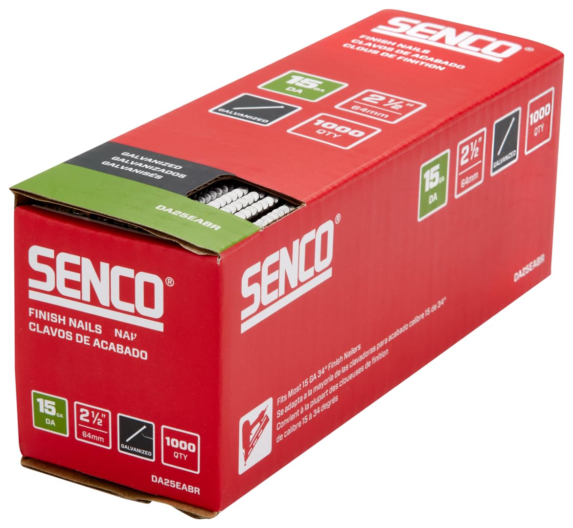 SENCO DA25EABR 34 Degree Collated Finish Nails, 15 Gauge, 2-1/2 Inch Length, Galvanized, 1,000 Count Pack