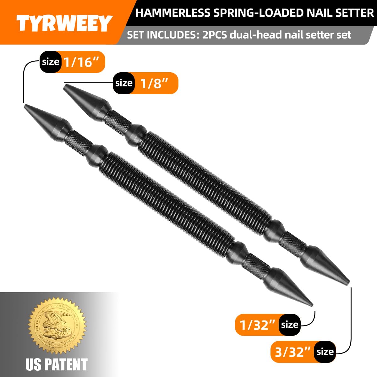 TYRWEEY 2-Piece Dual Head Nail Setter, Spring-Loaded Center Punch Tool for Metal & Wood, Sizes 1/32", 1/16", 3/32", 1/8"