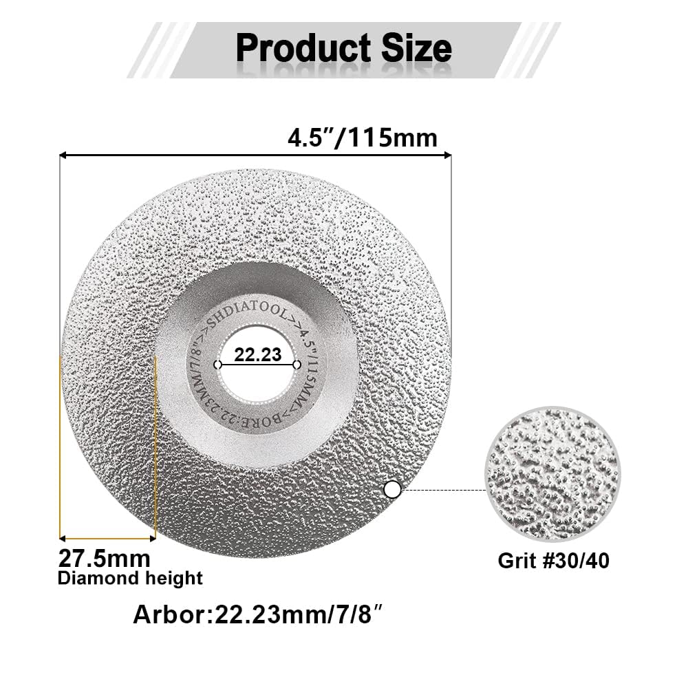 SHDIATOOL Diamond Grinding Cup Wheel 4-1/2 Inch for Granite Marble Iron Steel Masonry Convex Vacuum Brazed Grinding Disc Fits 7/8 Inch Arbor 115mm