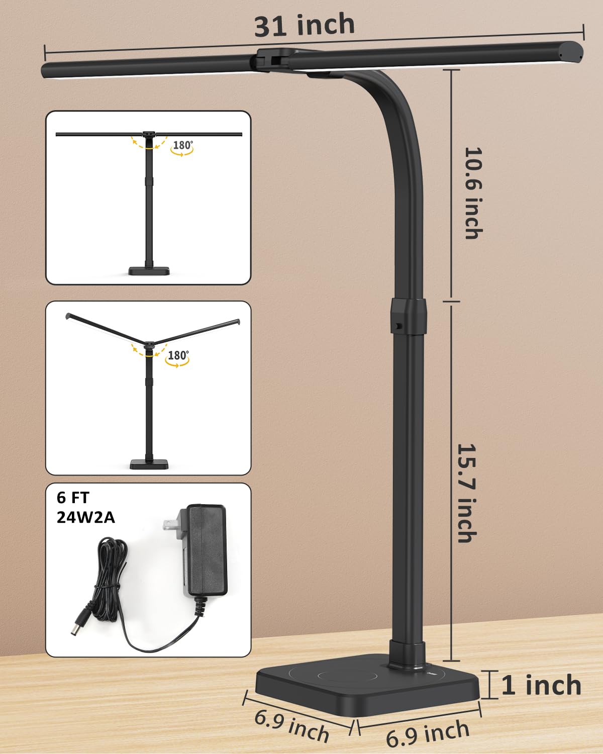 AKRRYR LED Desk Lamp for Home Office, Double Head 24W with Base, Architect Light 5 Lighting Brightness Flexible Gooseneck Table Reading Study, Black