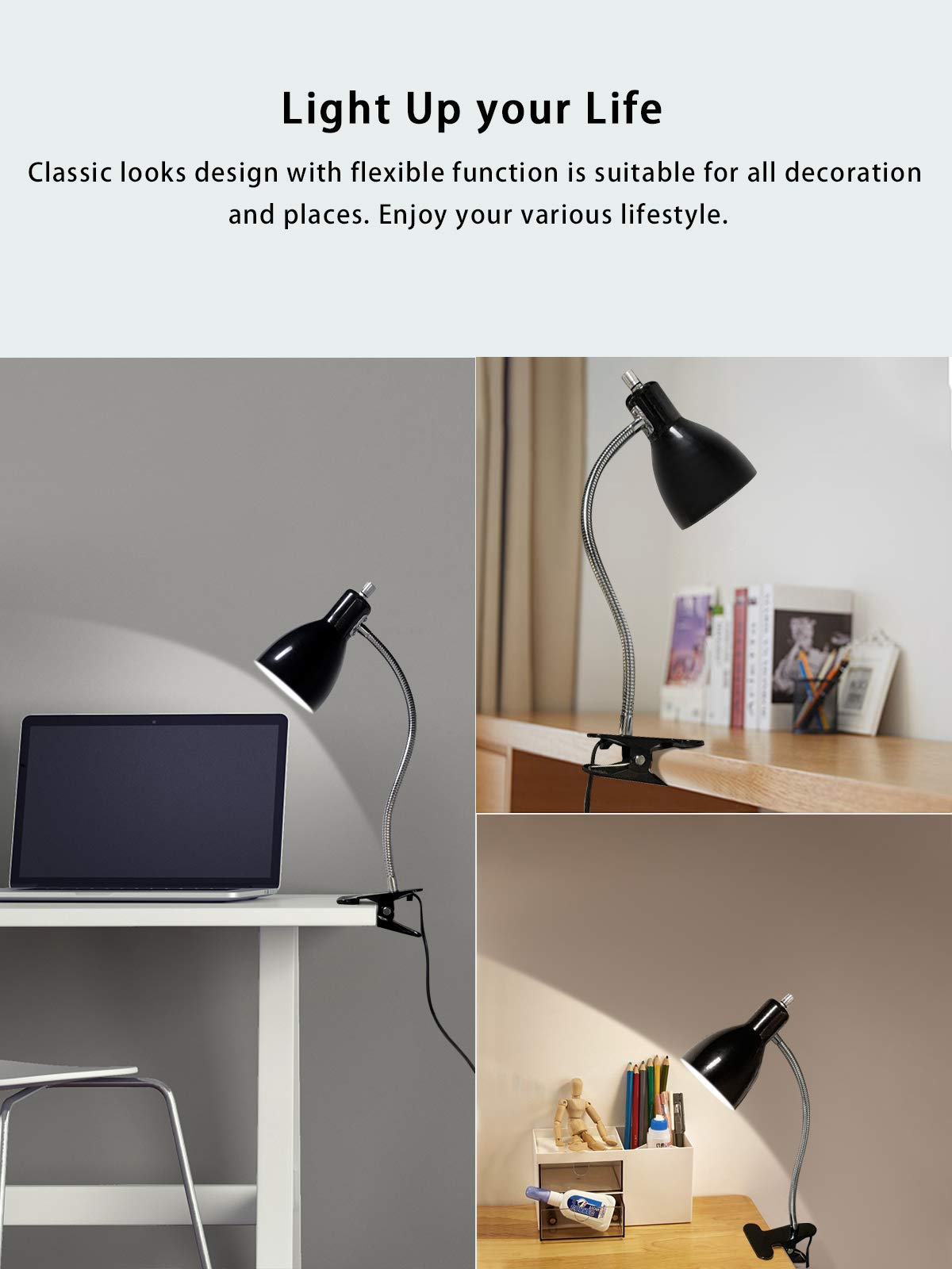 Eye-Caring Clip-On Desk Lamp, 360° Rotating Gooseneck Reading Light for Study, Bedroom & Office – Portable Table Lamp, Black