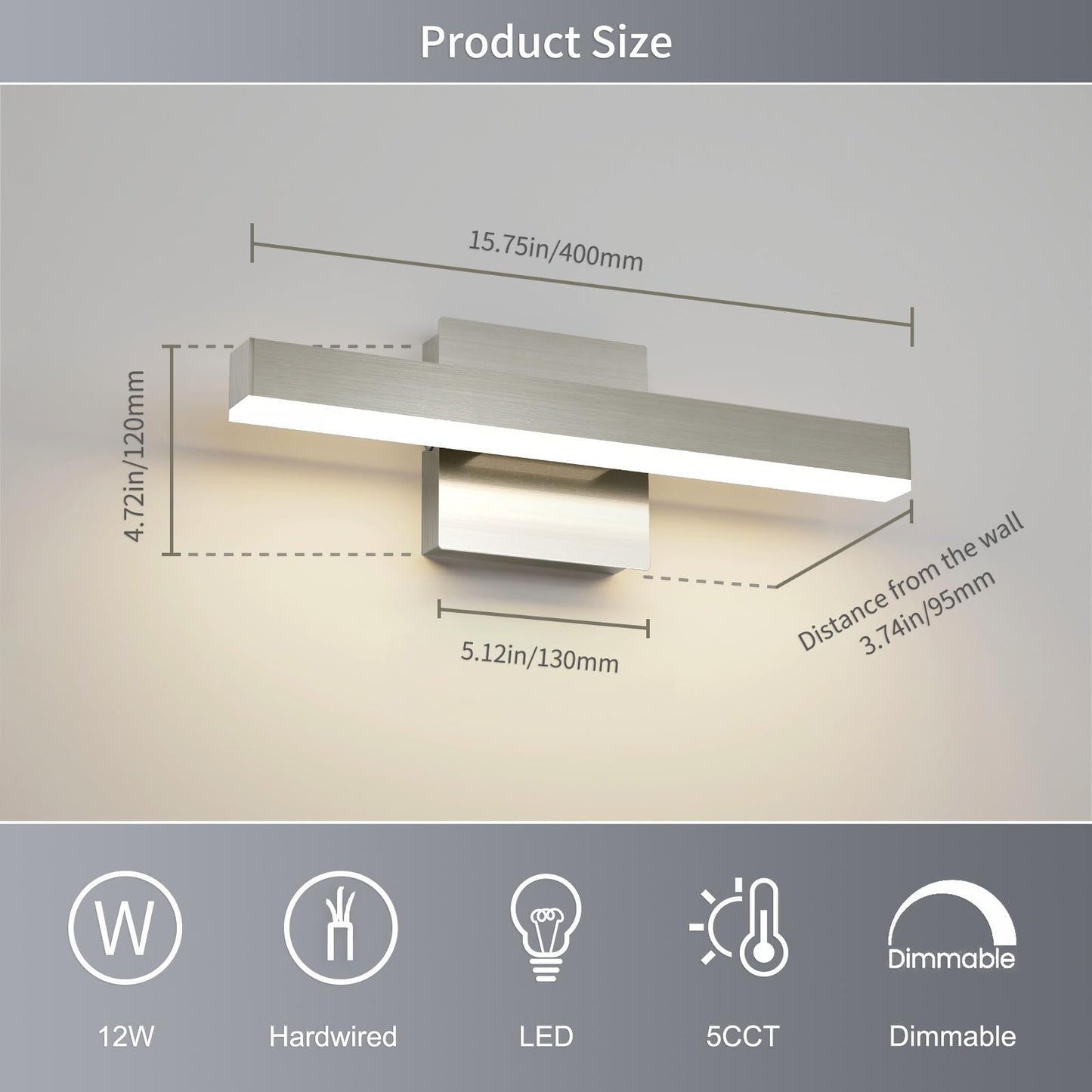 Joossnwell 15.74” Brushed Nickel LED Vanity Light Bar, 5CCT Dimmable Modern Bathroom Fixture, ETL Certified, Over Mirror