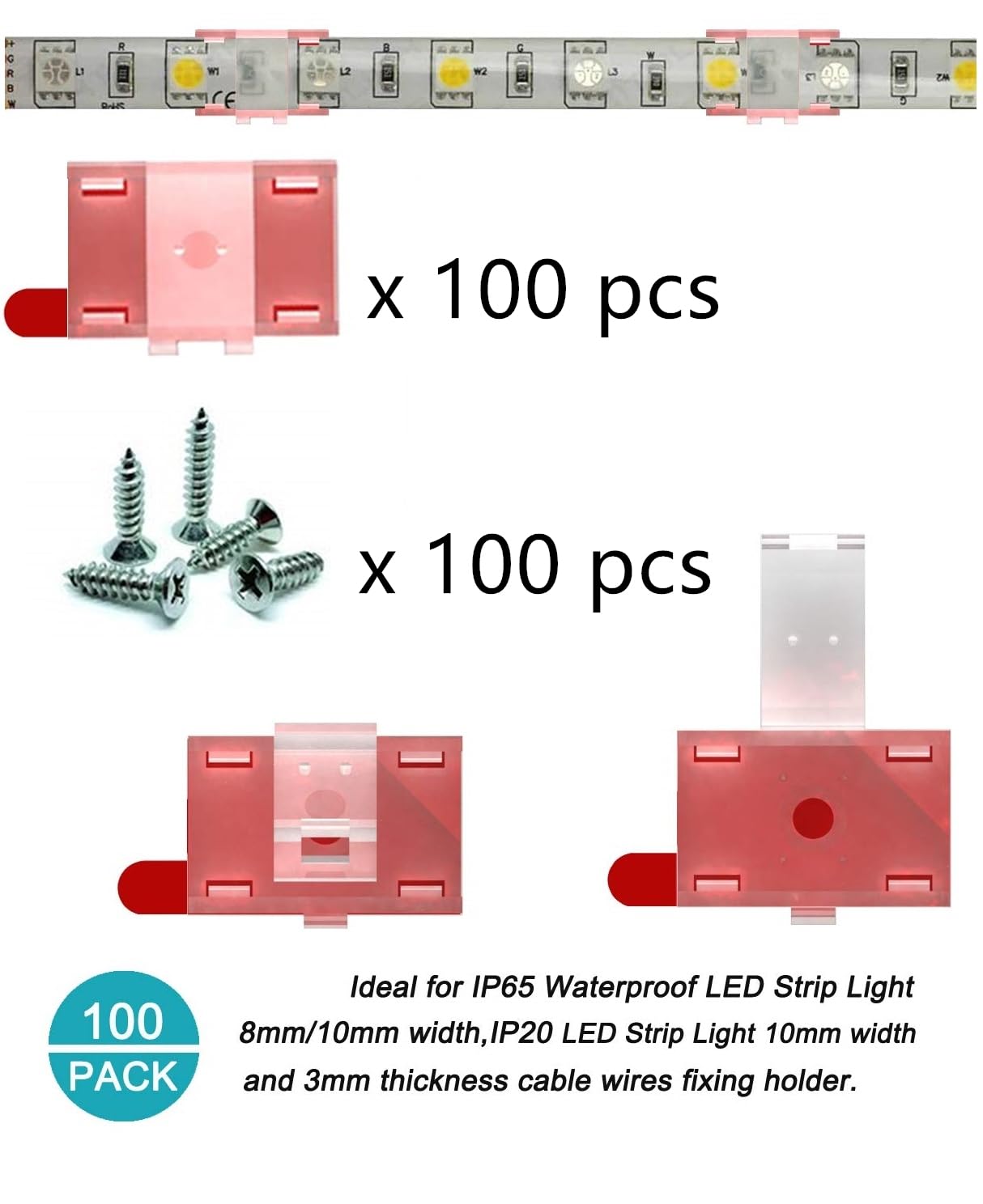 ATB 100-Pack Clear LED Strip Light Mounting Clips & Holders, Self-Adhesive Cable Organizer for Vehicle, Kitchen, Cabinet, Indoor Use