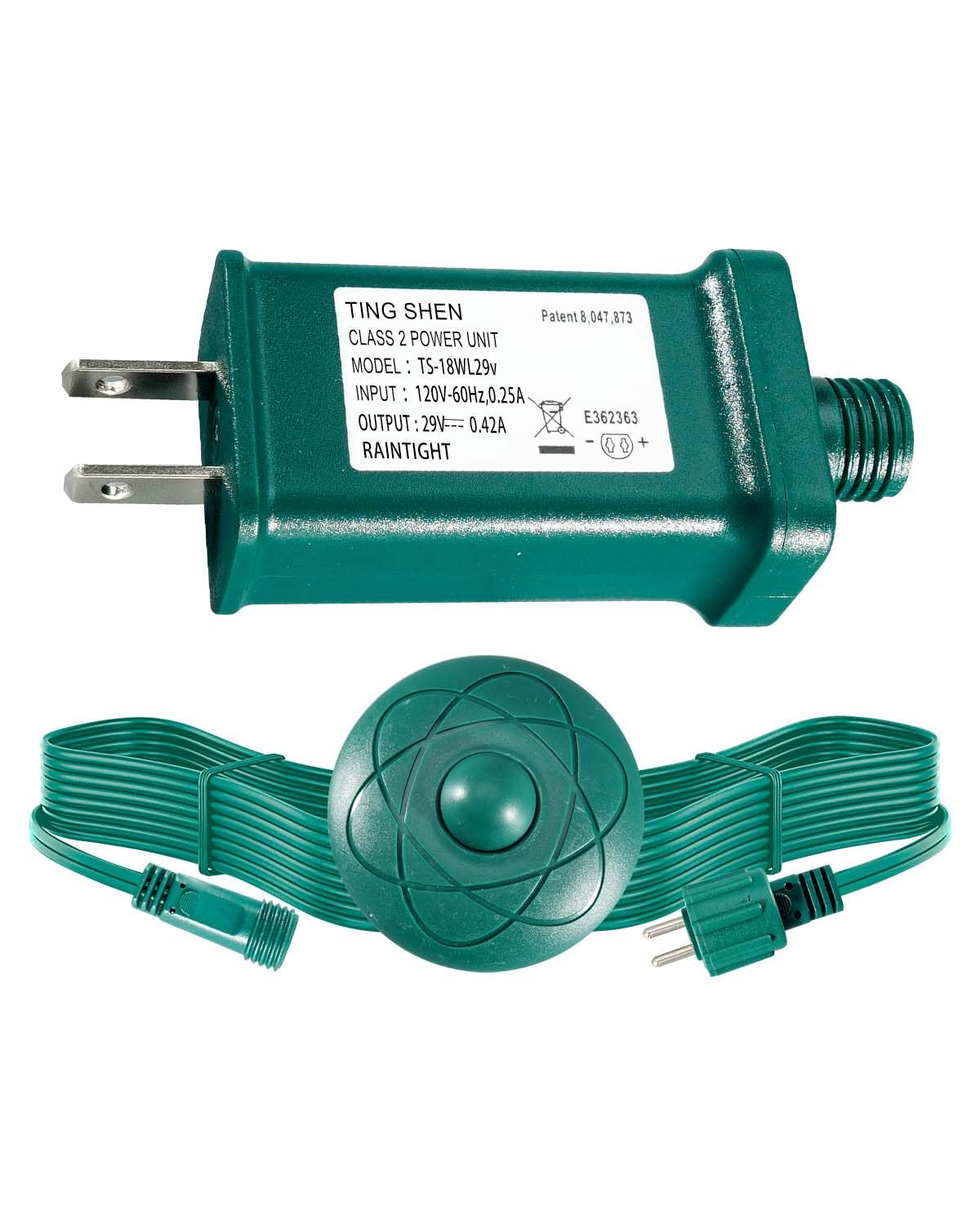 Christmas Tree Light Power Supply with 1/2 inch Plug Foot Switch, 9 Light Modes, Fit for 29V 18W 0.621A Transformer US Adapter Devices（TS-18W29V）