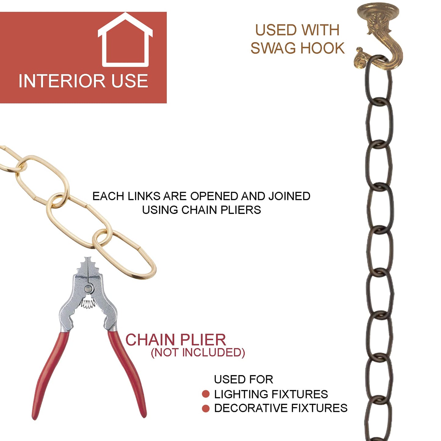 Ciata 11 Gauge Fixture/Hanging Basket Chain 36 inch, Antique Brass Finish - 2 Pack