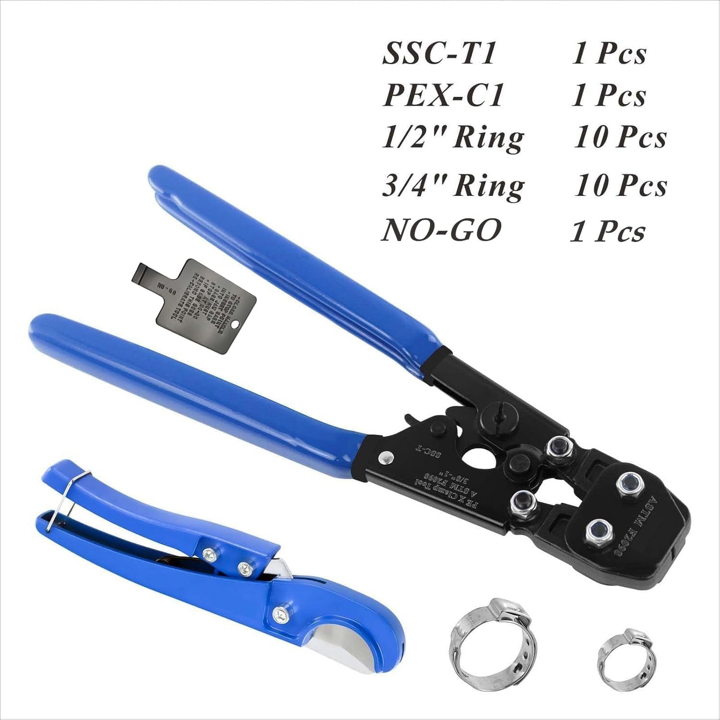 PEX Pipe Clamp Crimping Tool Kit with Cutter, Stainless Steel Clamps 3/8"-1", Includes 10x1/2" & 10x3/4" SS PEX Clamps