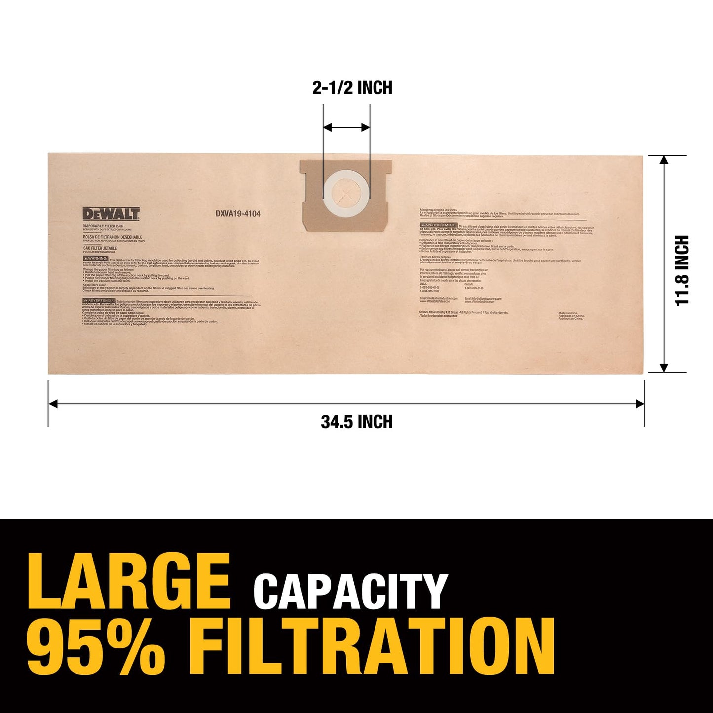 DEWALT DXVA19-4104 Dust Filter Bags 3-Pack, High-Efficiency Replacement for 5-8 Gallon Wet/Dry Vac, Vacuum Dust Collection Bags