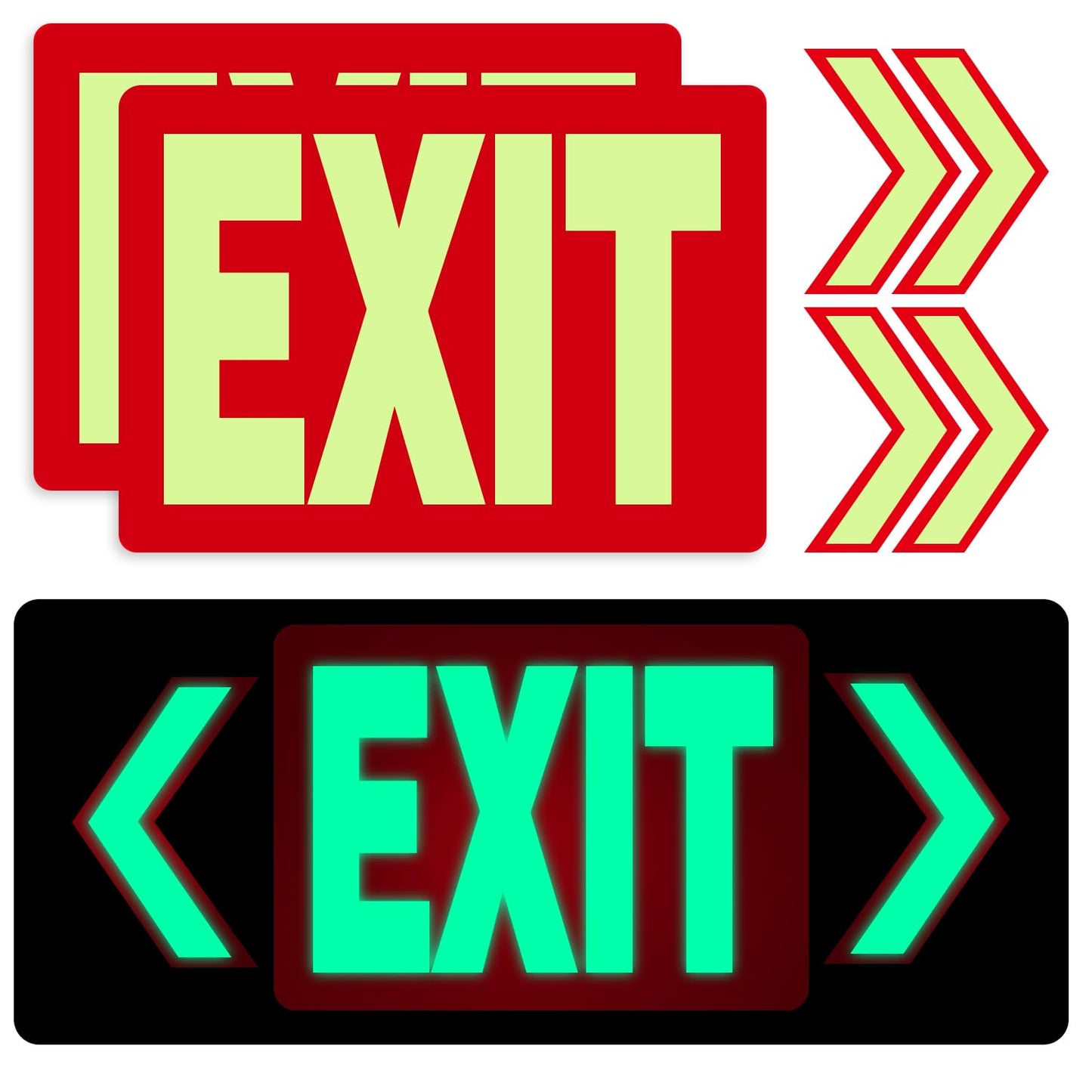 EXIT Sign Glow in the Dark Decals, 2-Pack 10"x7" Vinyl Stickers with 4 Arrows, Photoluminescent Emergency Signs, Visible 8 Hours