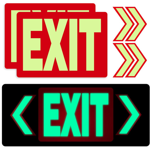 EXIT Sign Glow in the Dark Decals, 2-Pack 10"x7" Vinyl Stickers with 4 Arrows, Photoluminescent Emergency Signs, Visible 8 Hours