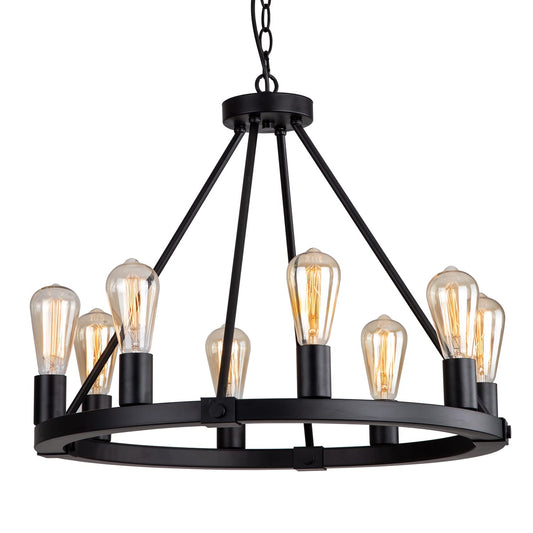 9MMML 23.6" 8-Light Wagon Wheel Chandelier, Black Industrial Vintage Pendant Light for Kitchen, Dining, Living Room, Height Adjustable