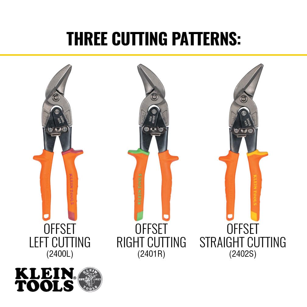 Klein Tools 2402S Straight-Cutting Offset Snips, Aviation Tin Snips with Forged Blade for Precision Sheet Metal Cutting
