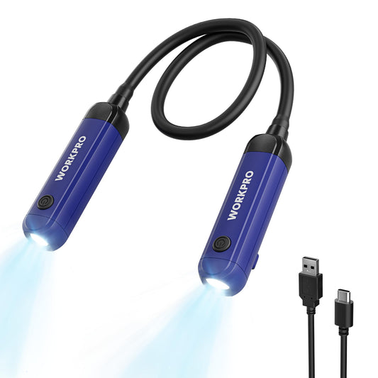 WORKPRO Rechargeable Neck Light – 300 Lumens, 3 Brightness Levels, Bendable Silicone Arm, Hands-Free for Reading, Camping, DIY, Blue/Black