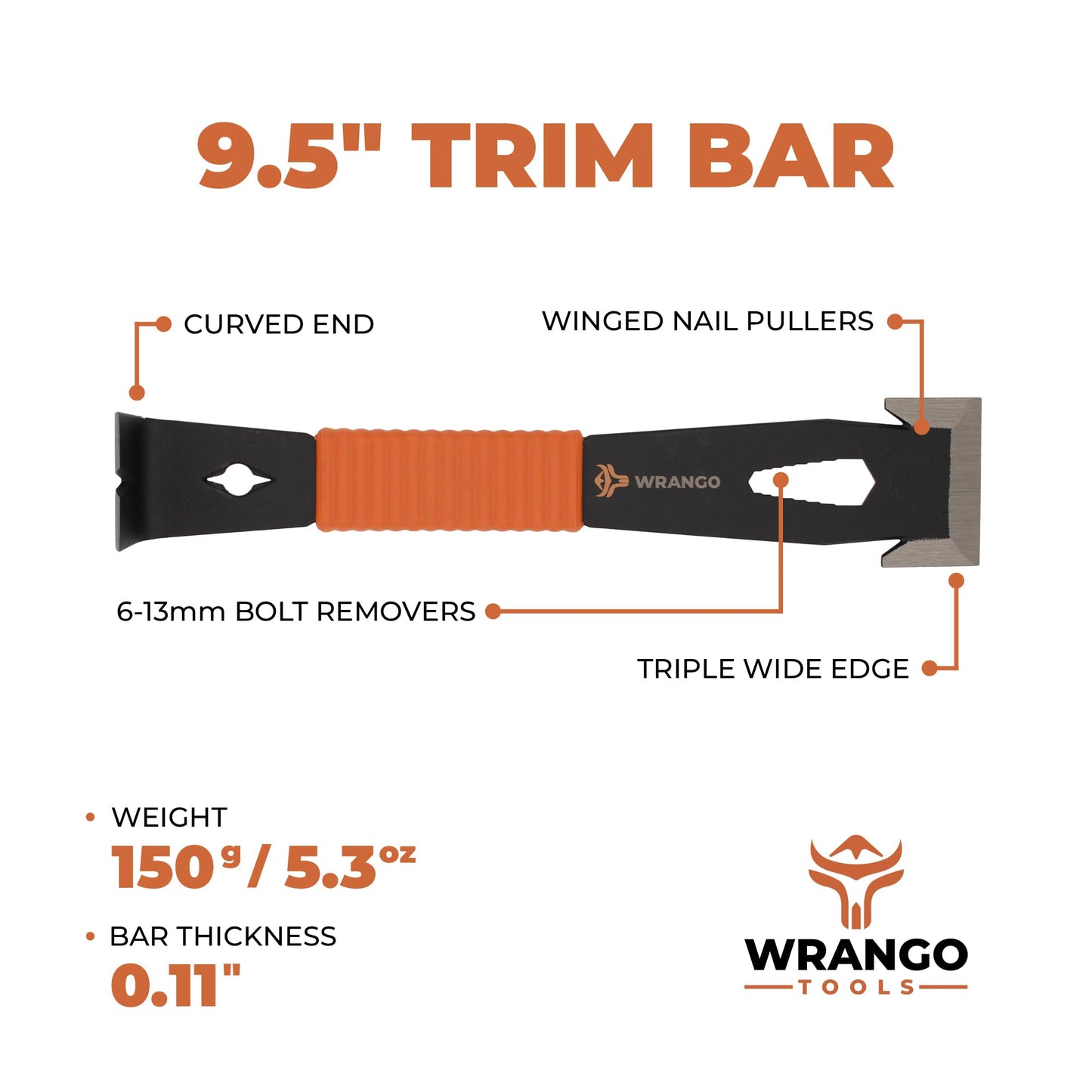 Wrango 9.5" Trim Bar Pry Bar 2-Pack – Small Patented Flat Bar with Nail Puller, Bolt Remover & Shock-Absorbing Grip for Home & Construction