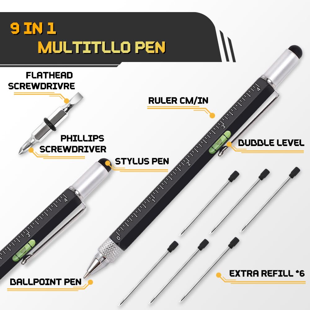 9-in-1 Multitool Pen Set for Men – 2 Pens + 6 Refills, Unique Tech Gift from Wife or Daughter for Christmas, Birthday, Valentine’s