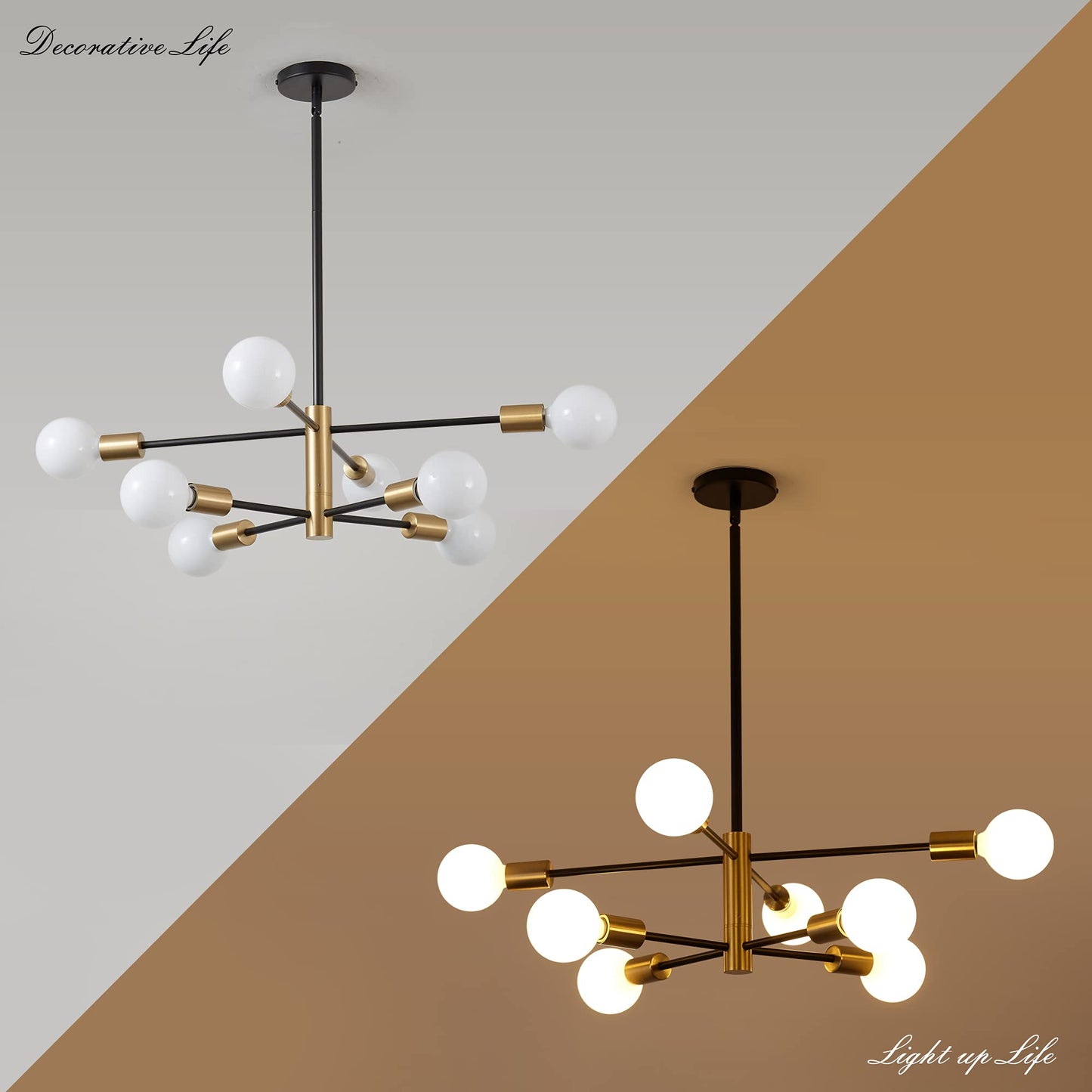 KAISITE 8-Light Modern Sputnik Chandelier, Height Adjustable Mid-Century Black & Gold Ceiling Light for Bedroom, Living & Dining