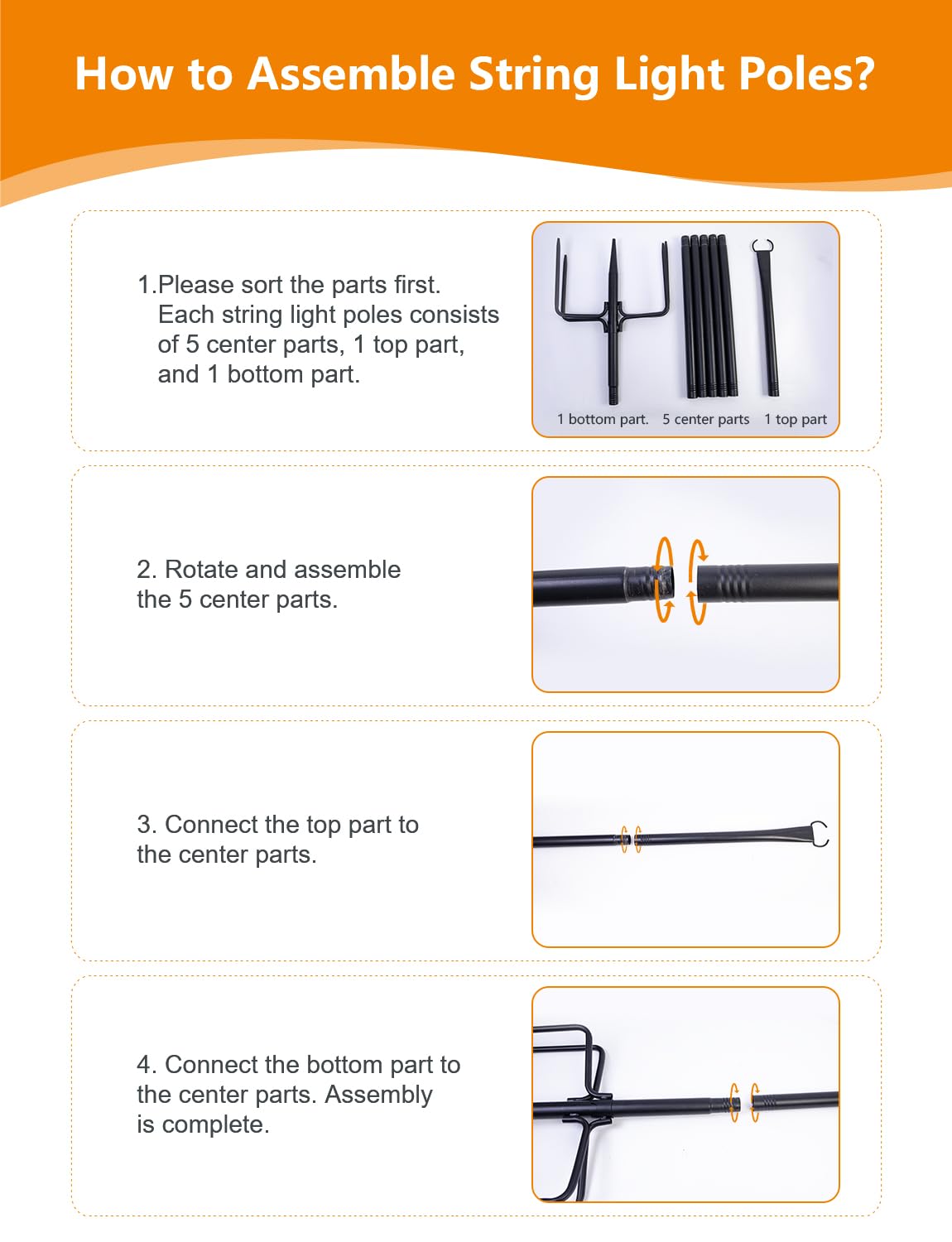 MuliVid 6-Pack 9FT Outdoor String Light Poles, Metal Hanging Light Stands with Forks for Patio, Garden, Backyard, Pergola, Party