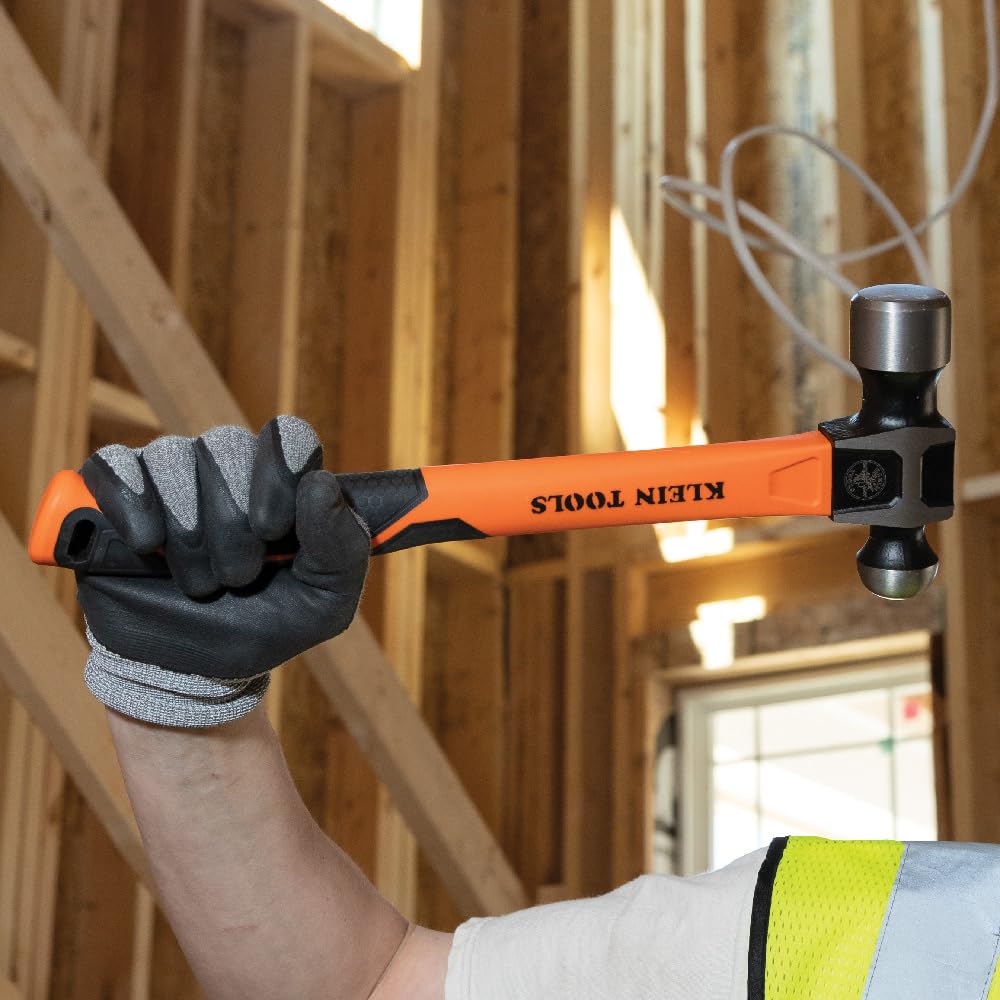 Klein Tools H80332 Ball-Peen Hammer, 32-Ounce Head, Fiberglass Non-Slip Shock Absorbing Grip Handle with Tether Hole, 15-Inch