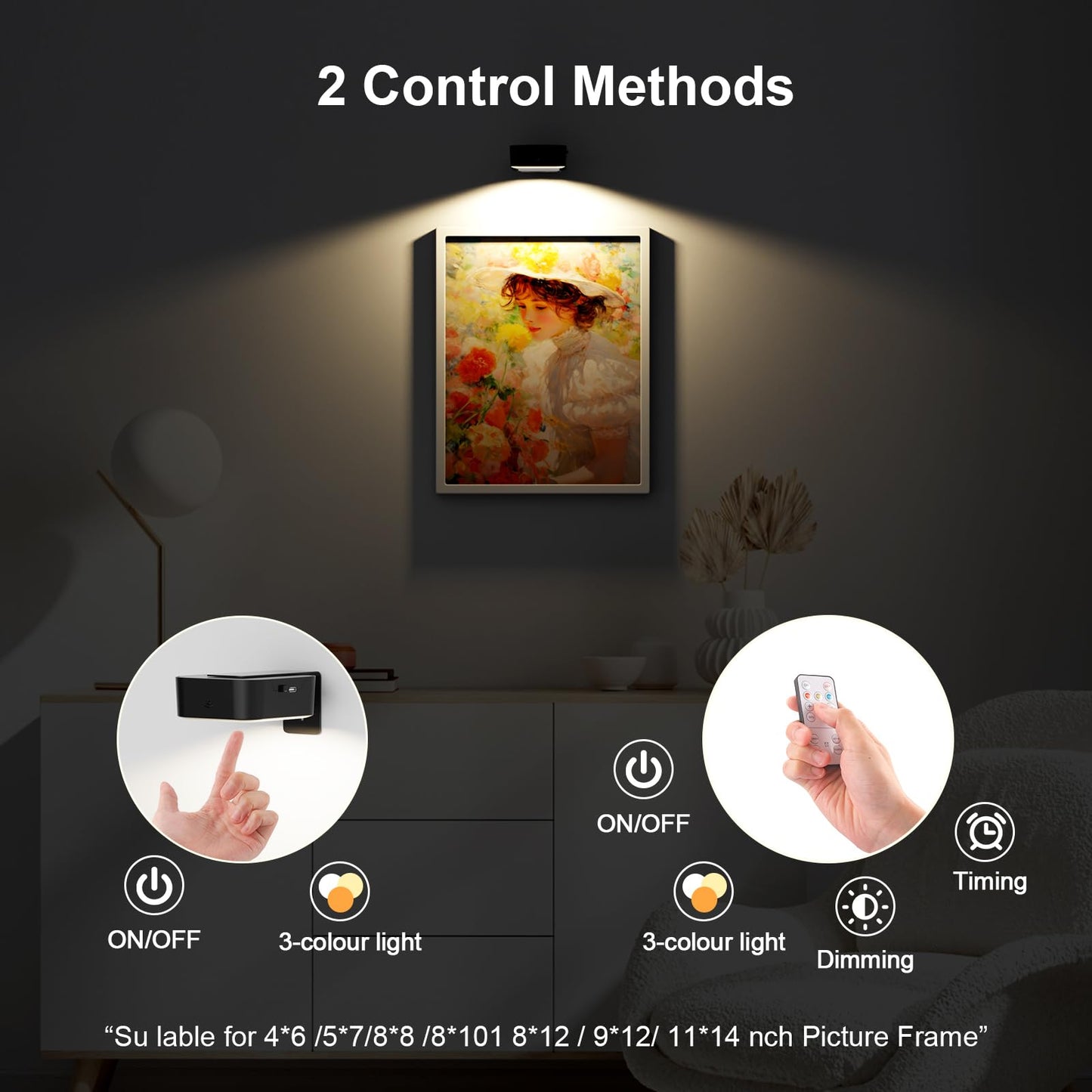 3-Pack Rechargeable Picture Lights for Wall | Wireless Magnetic Frame Lights with 3 Modes, Remote & Timer (Black)