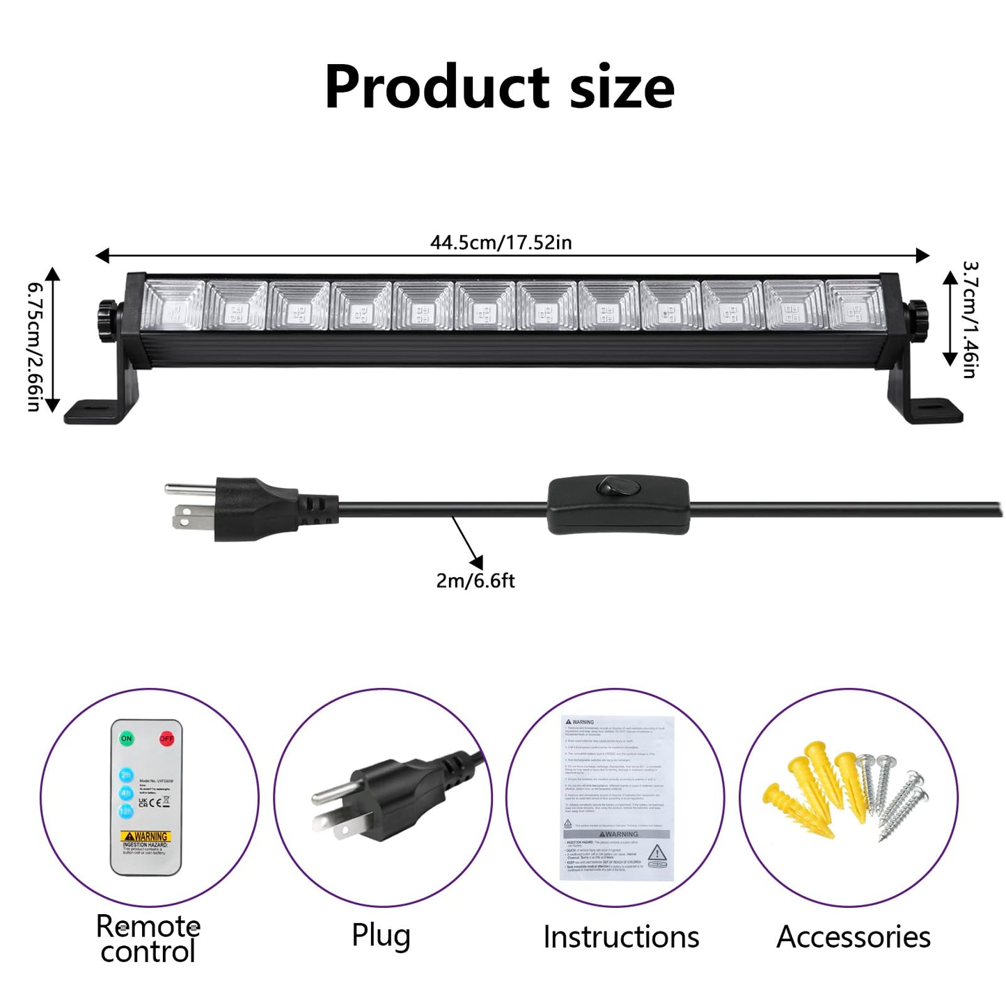 48W LED Black Light Bar with Remote and Switch,Blacklight Bars with Plug and 6.5ft Cord,Black Light for Glow Party,Halloween,Bedroom,1 Pack