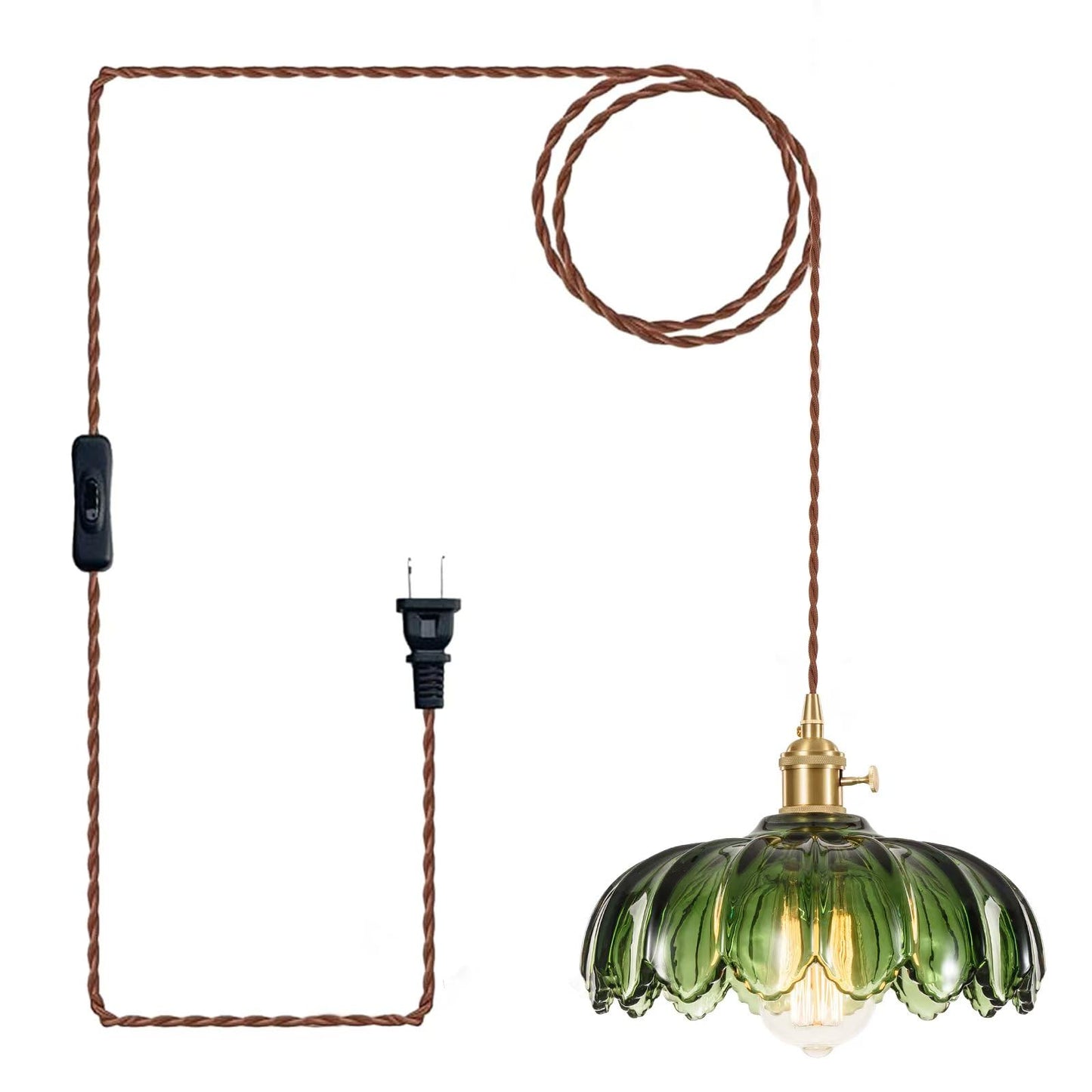 XZHGCEE Green Glass Plug-in Pendant Light, Hanging Lamp for Kitchen, Bedroom, Dining & Living Room, E26 Socket, No Bulb