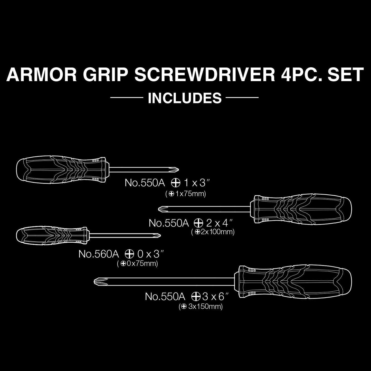 VESSEL - ARMOR GRIP™ Screwdriver Cross Point 4PC. Set (JISDRIVE) No.550APH4PBU