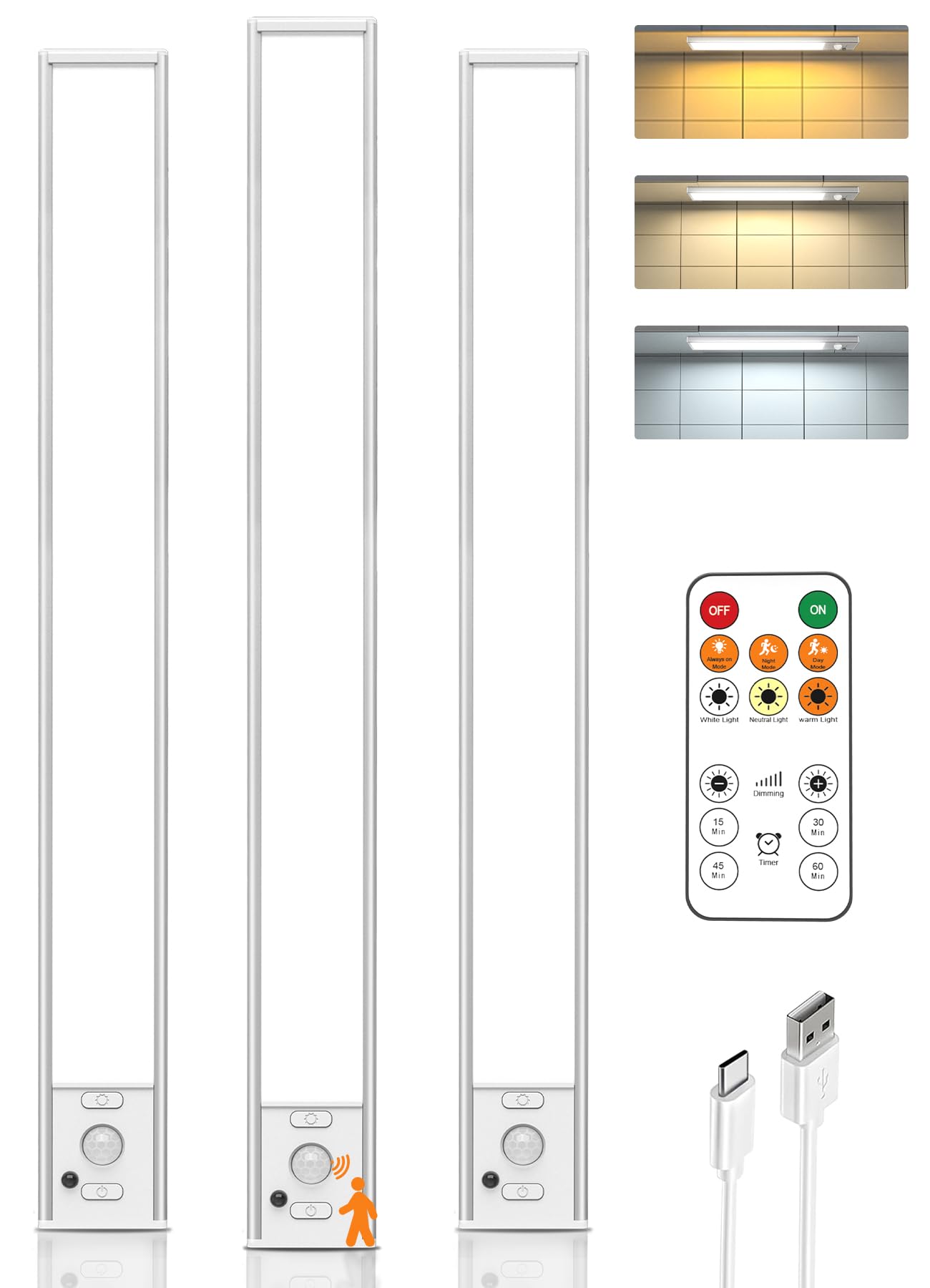 16" LED Under Cabinet Lights with Remote, Motion Sensor, USB Rechargeable 4000mAh, 3 Color Temps, Wireless Kitchen, Closet, 3-Pack