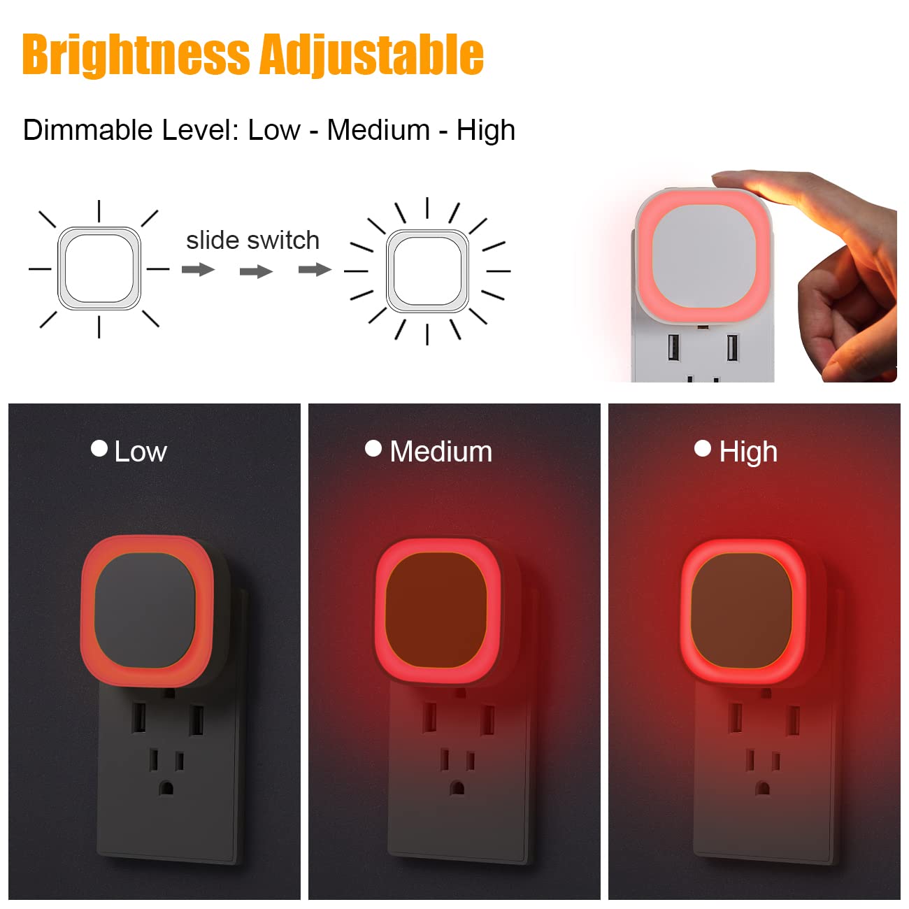YUNLEX 2-Pack Plug-in Night Light, Auto Dusk-to-Dawn, Soft Dimmable LED, Red Glow for Bedroom, Nursery, Kids, Bathroom, Hallway