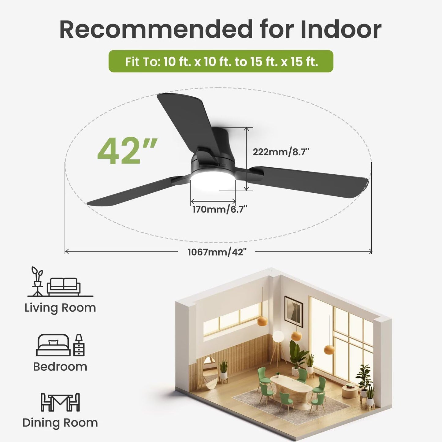 OSTIVE 42" Modern Black Ceiling Fan with Light & Remote, Low Profile Flush Mount, Quiet DC Motor, Reversible Blades, Dimmable LED, Indoor/Outdoor