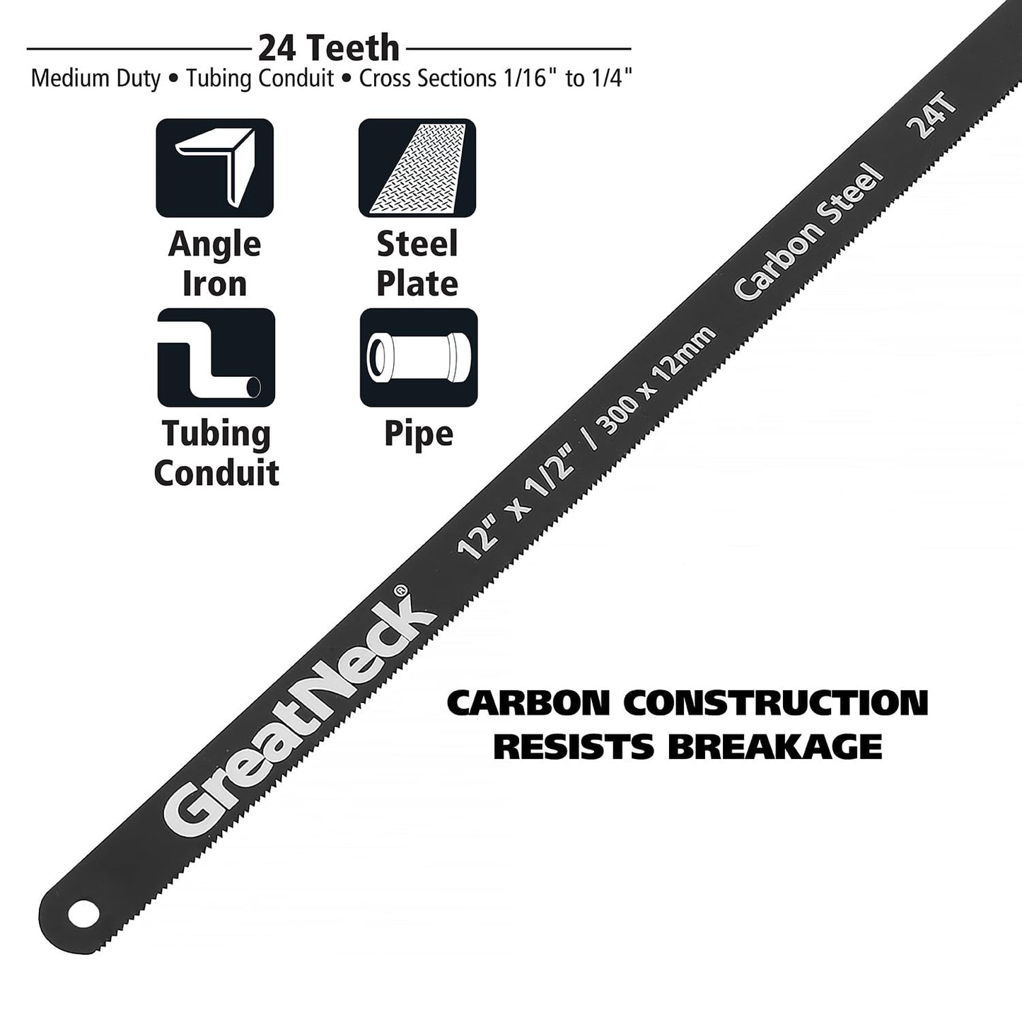 GreatNeck GF213 12" Hacksaw Blades, 24 TPI, Flexible Hardened Steel, Shatterproof, Fits Most Adjustable Hacksaws, 2-Pack