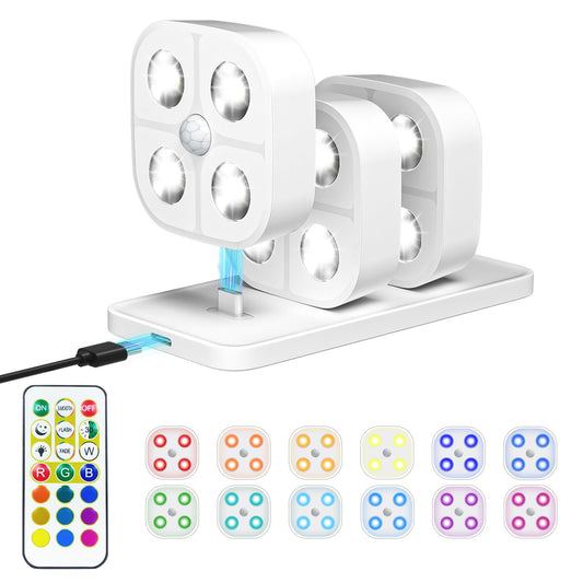 Wireless Rechargeable RGB Puck Lights with Charging Station, Motion Sensor LED Under Cabinet & Stair Lights, Remote Control (3 Pack)