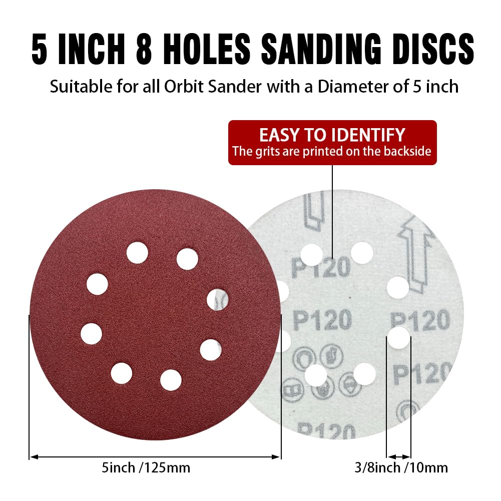 52 Pack 5 Inch 8-Hole Hook and Loop Sanding Discs Sandpaper Red Round 60 80 120 220 320 Mixed Grits Sandpaper for Random Orbital Sander
