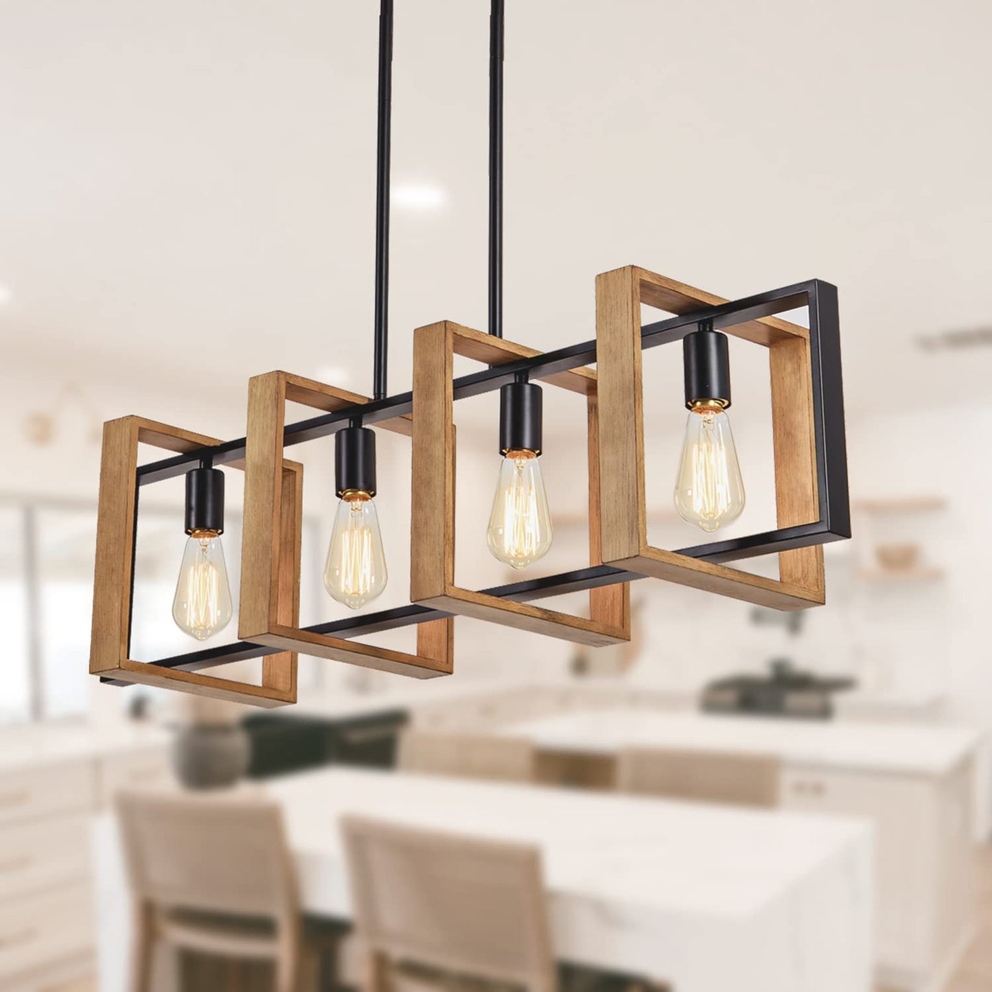 **Farmhouse 4-Light Rectangular Pendant Chandelier, Wood & Black Metal Kitchen Island Dining Room Light, 35.4"**