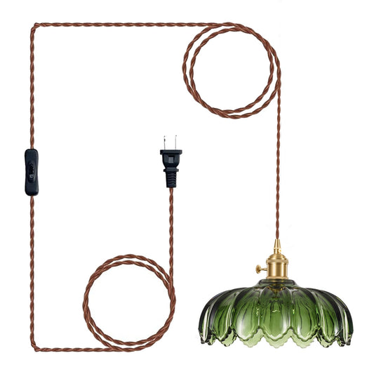 XZHGCEE Green Glass Plug-in Pendant Light, Hanging Lamp for Kitchen, Bedroom, Dining & Living Room, E26 Socket, No Bulb