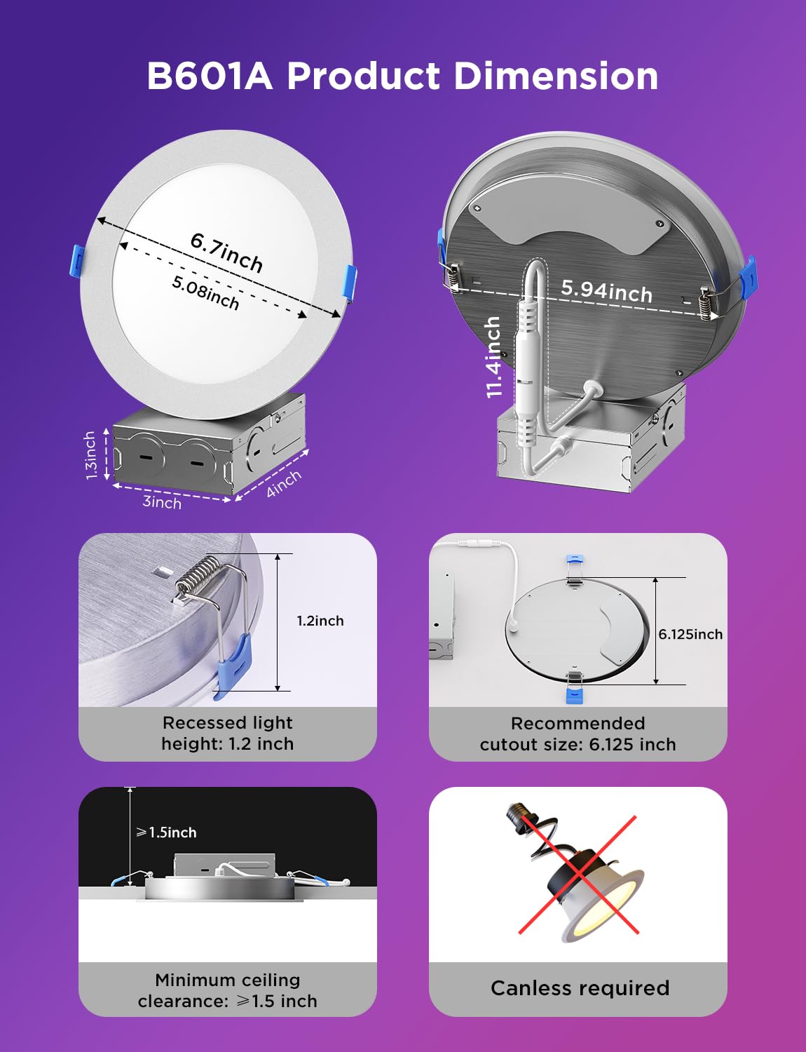 Govee 6" Smart RGBWW LED Recessed Lights 4-Pack, Wi-Fi & Bluetooth, 65 Scenes, Alexa & Google Compatible, 1100 Lumen, Canless