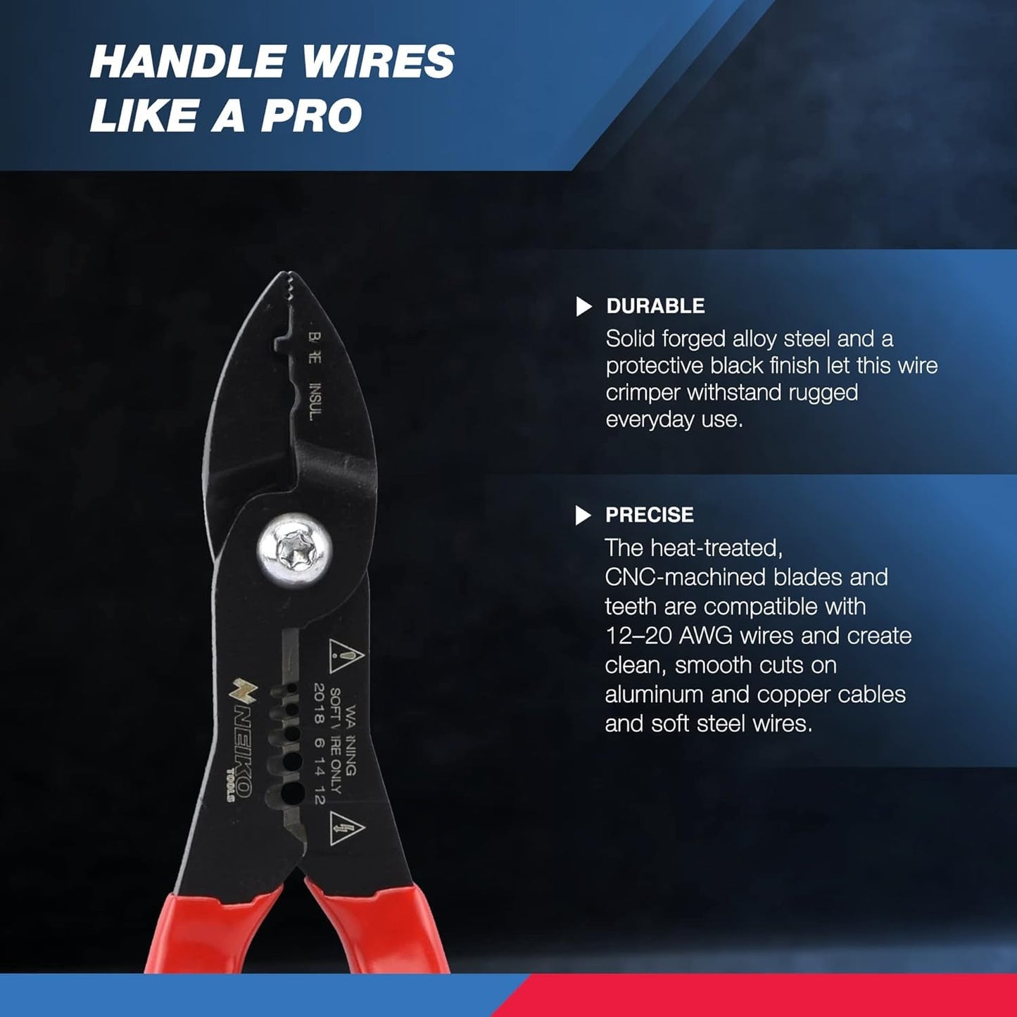 NEIKO 02037A 4-in-1 Wire Stripper & Pliers | Cutter, Crimper & Gripper for 12-20 AWG Wires | Insulated & Non-Insulated Electrical Tool