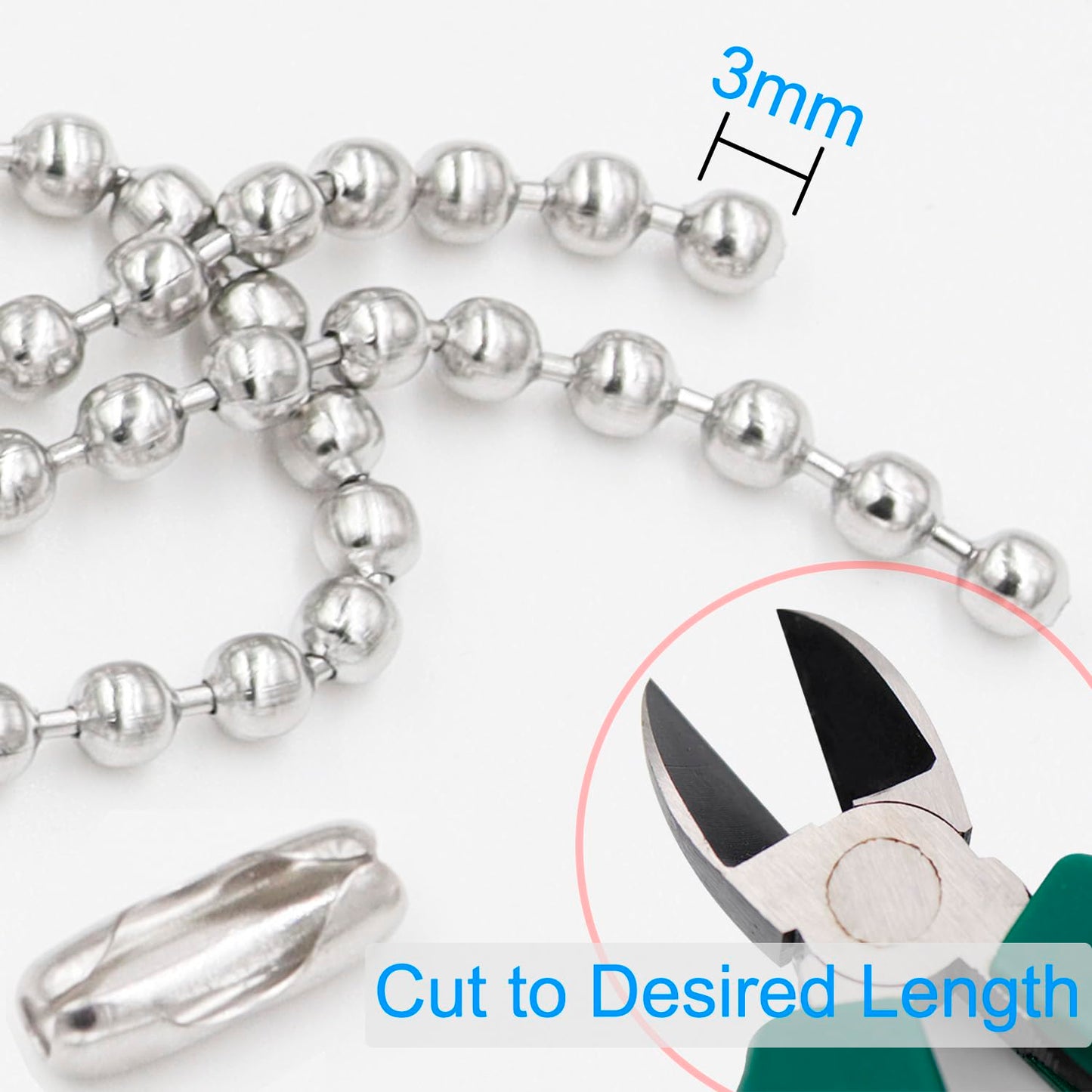 Ceiling Fan Pull Chain 60" Extension, Rust-Proof Stainless Steel Ball Chain with Connectors, 3mm Silver for Fans & Light Fixtures